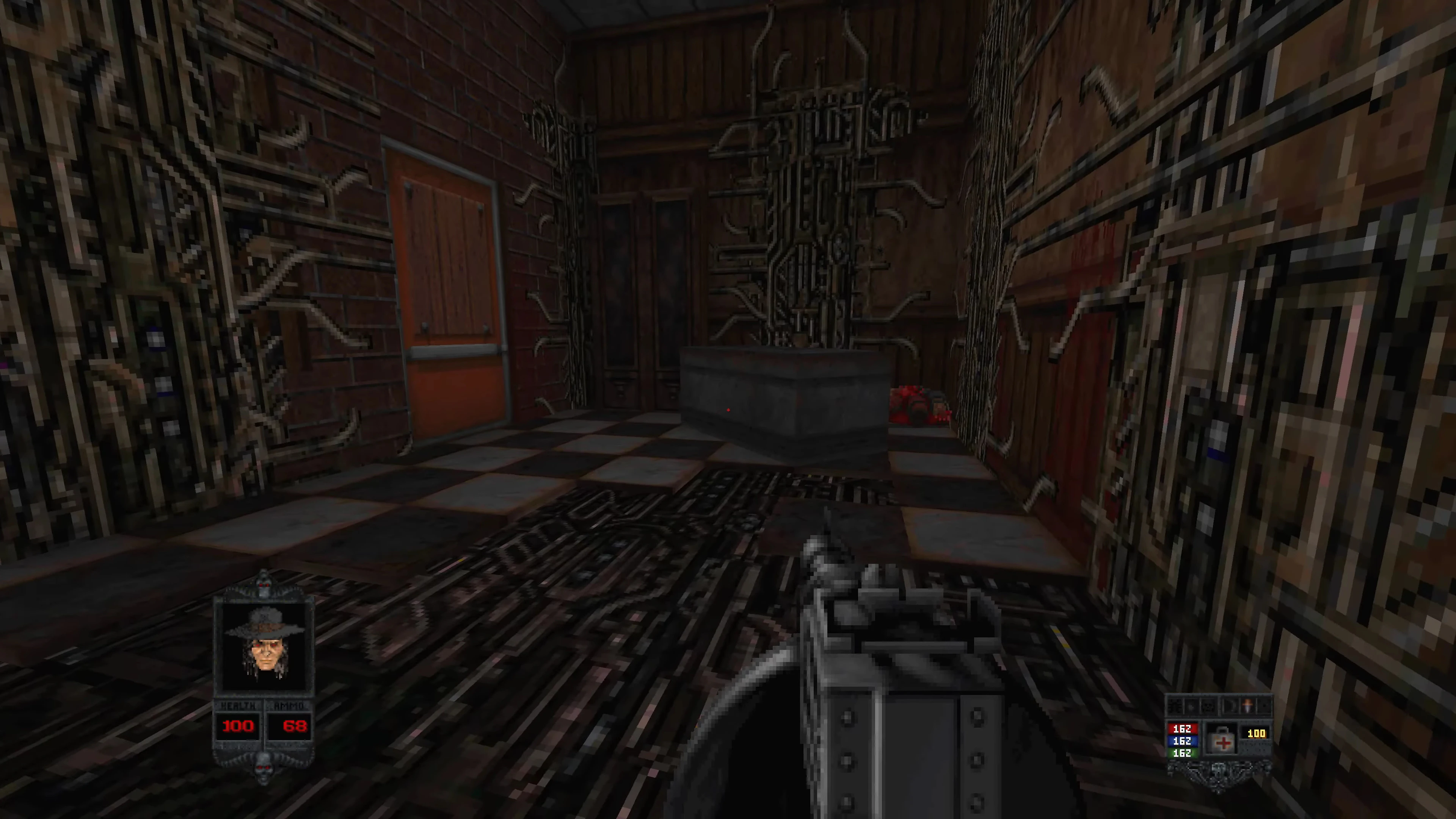 Вид від першої особи темної кімнати в стилі Hell Tech з видимою зброєю та HUD у моді Bloom для Doom II