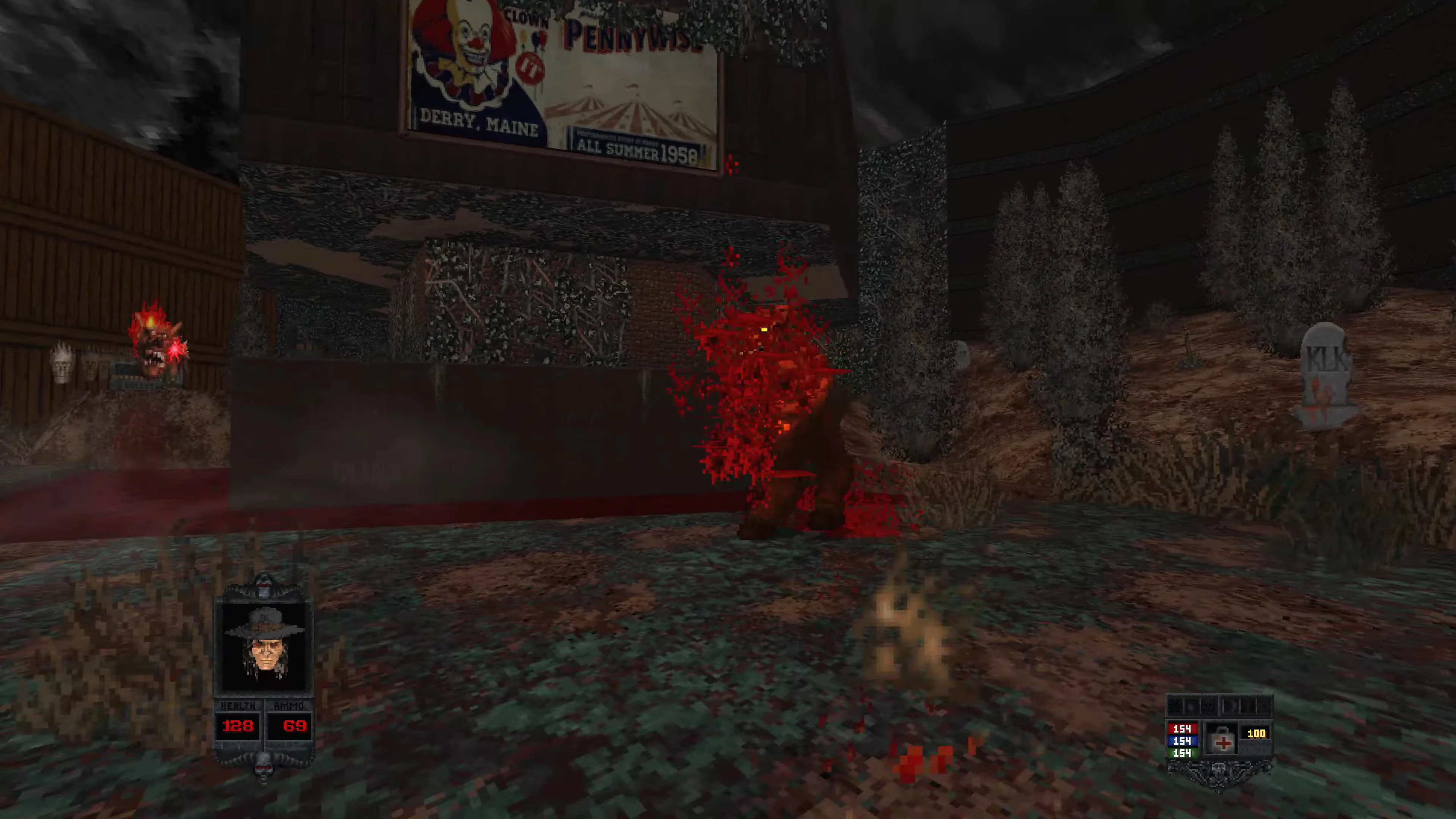 Скріншот із Doom II модом Bloom, де гравець атакує вогняного ворога на вулиці біля кладовища