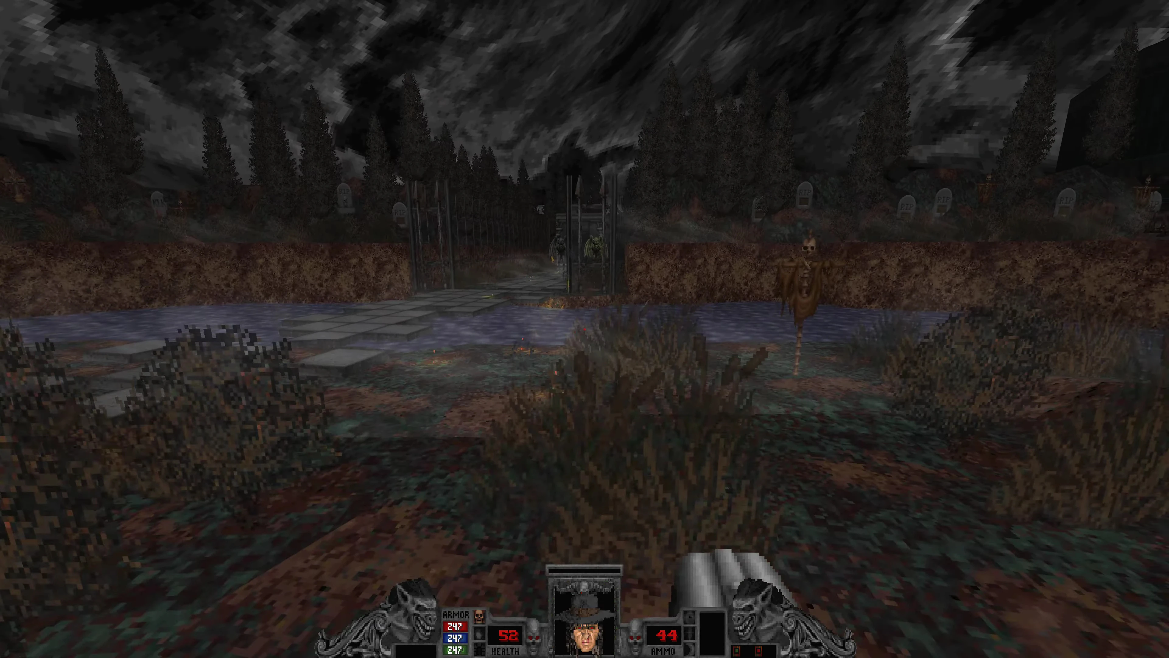 Вигляд гравця в моді Bloom для Doom II показує темне кладовище з нежиттю і похмурим небом