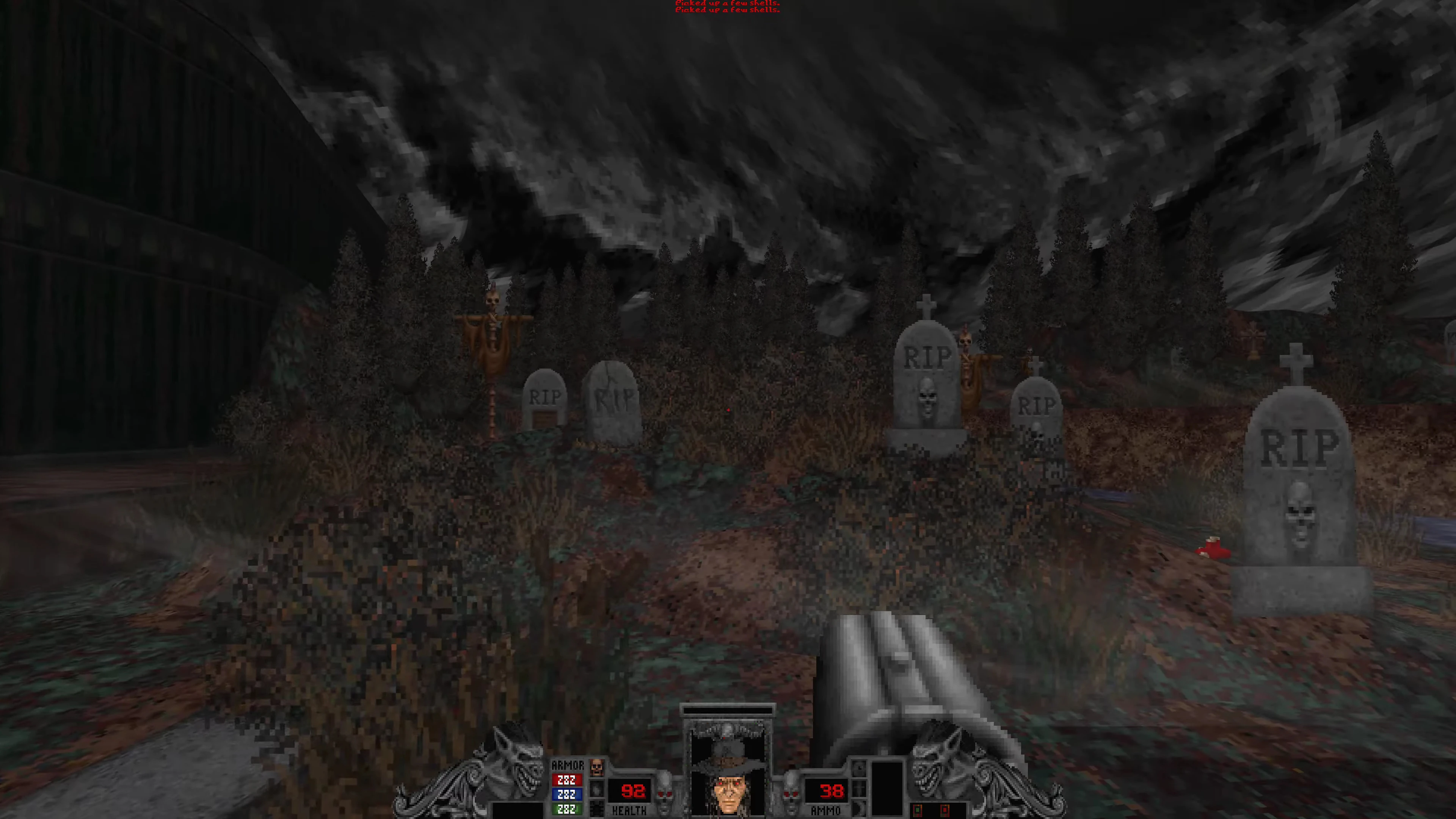 Вигляд від першої особи на темне моторошне кладовище з надгробками RIP та скелетами в моді Bloom для Doom II