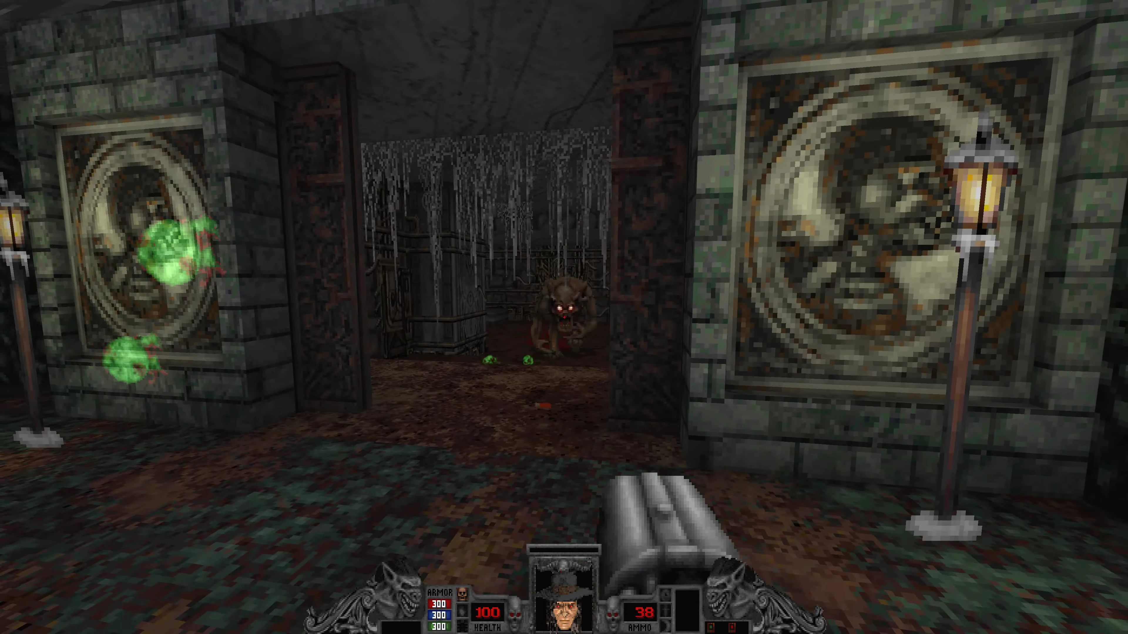 Гравець з двоствольним дробовиком стоїть перед монстром з червоними очима у темному замковому коридорі в моді Bloom для Doom II