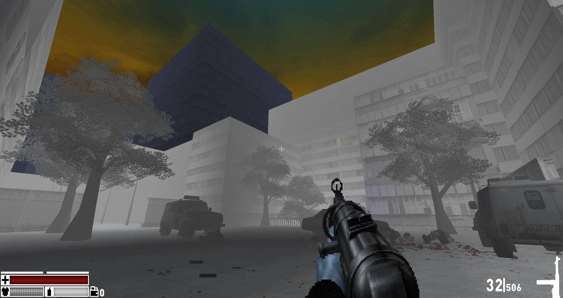 First-person view of a gun aimed in a gray urban environment with tall buildings and gloomy sky in Doom II mod