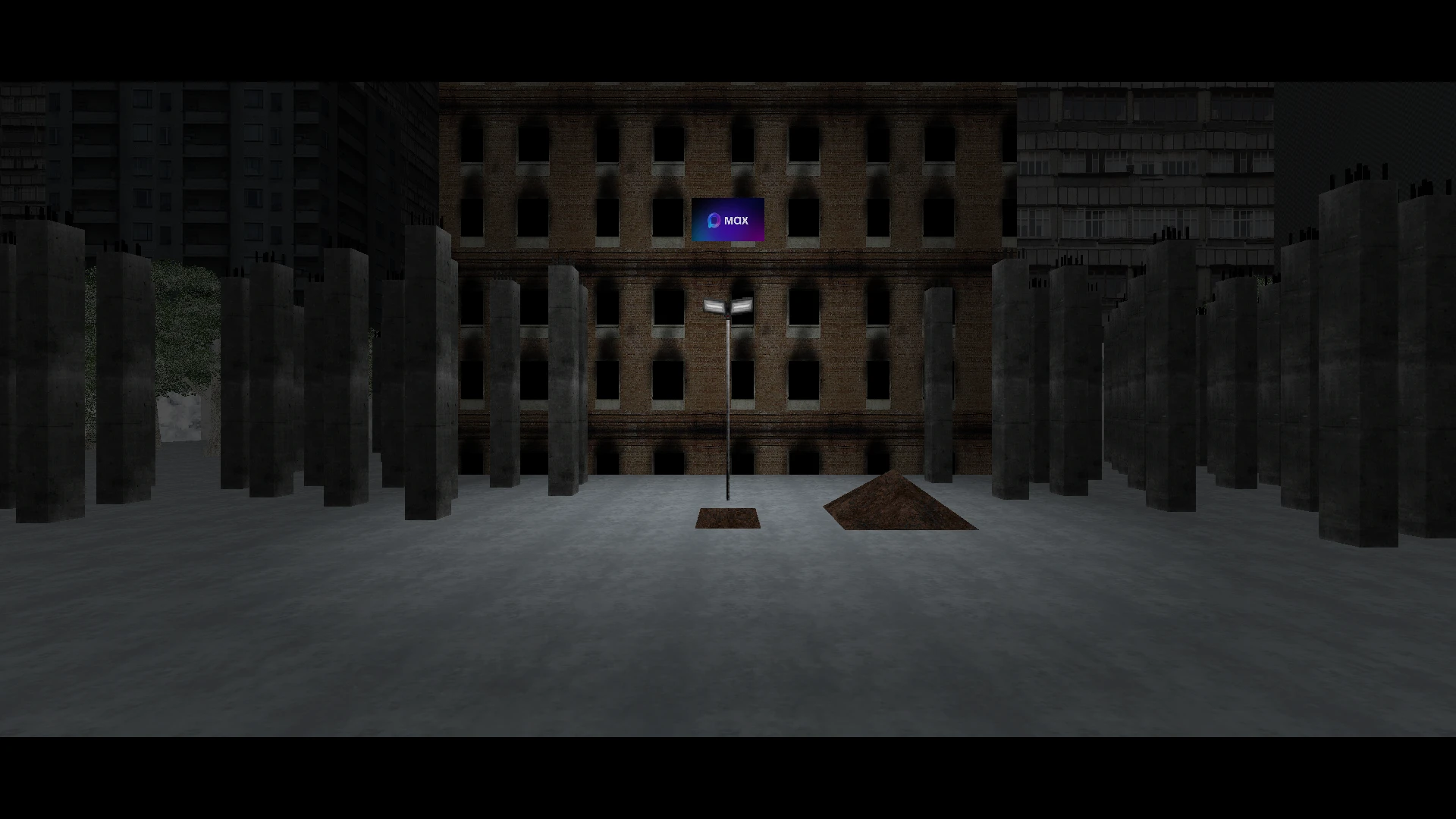 Screenshot from Doom II mod BLYAT BRUTAL showing a dark urban area with tall concrete pillars and a single streetlamp