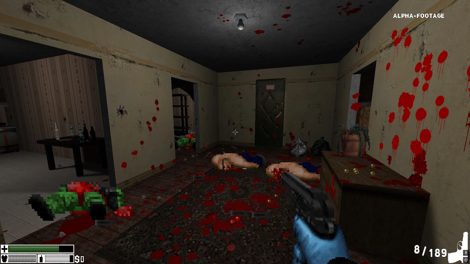 Doom II gameplay screenshot showing a blood-splattered room with dead enemies and player holding a pistol