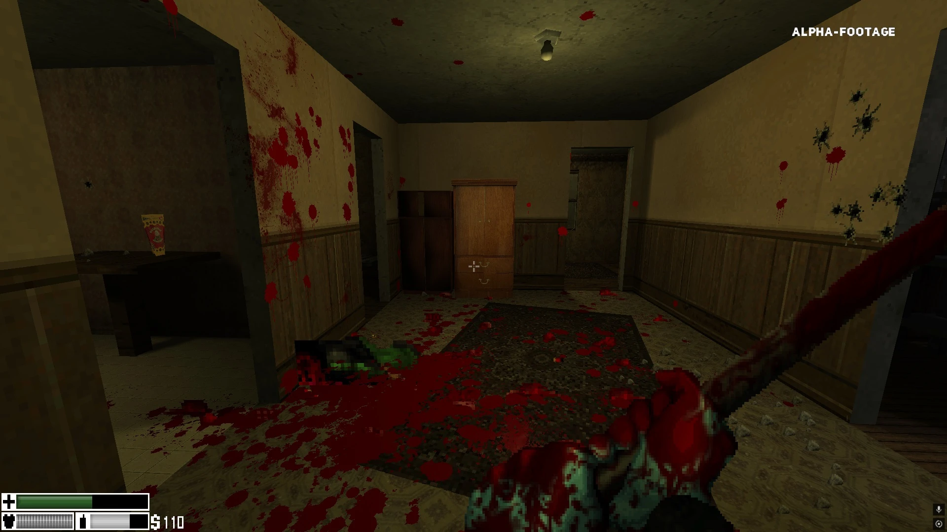 Screenshot showing a blood-splattered room with wooden furniture and a bloody weapon in hand in Doom II BLYAT BRUTAL mod