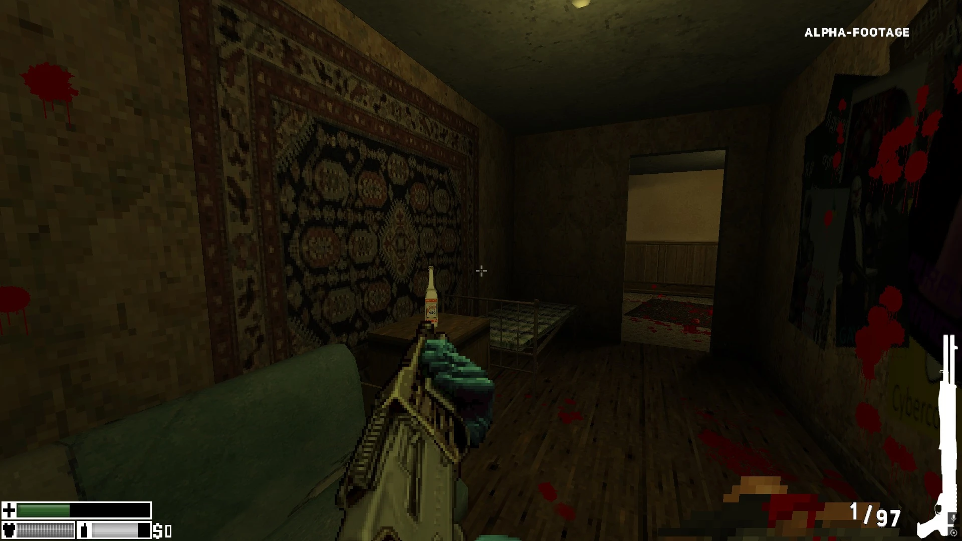 First-person view of a shotgun in a dark, blood-splattered hallway with a bottle on table in Doom II mod