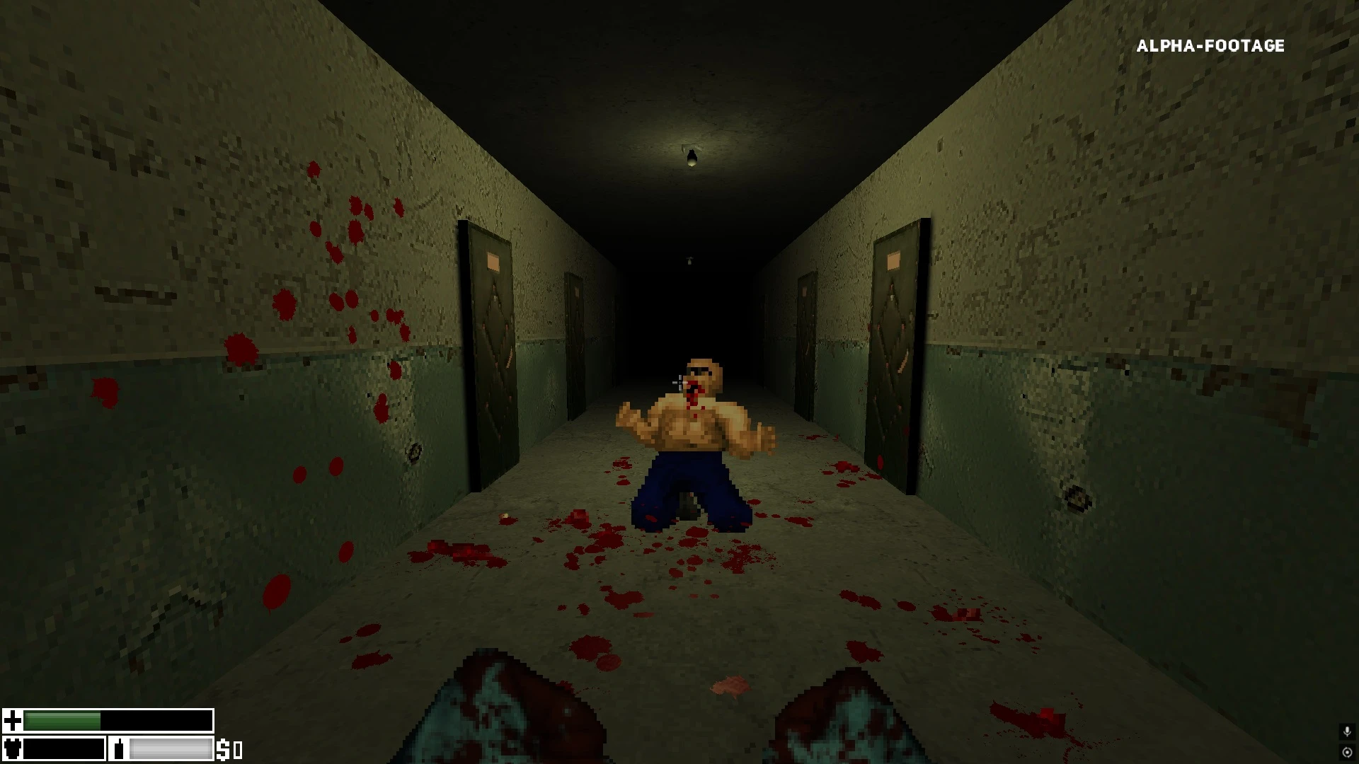 Pixelated Doom II gameplay showing a bloody enemy kneeling in a dark corridor with doors