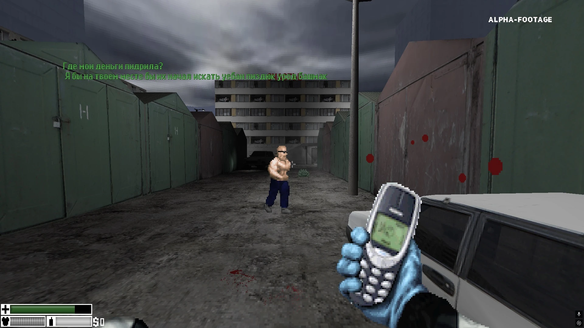First-person view in Doom II mod Blyat Brutal showing a pixelated fighter in an urban alley with a hand holding a phone