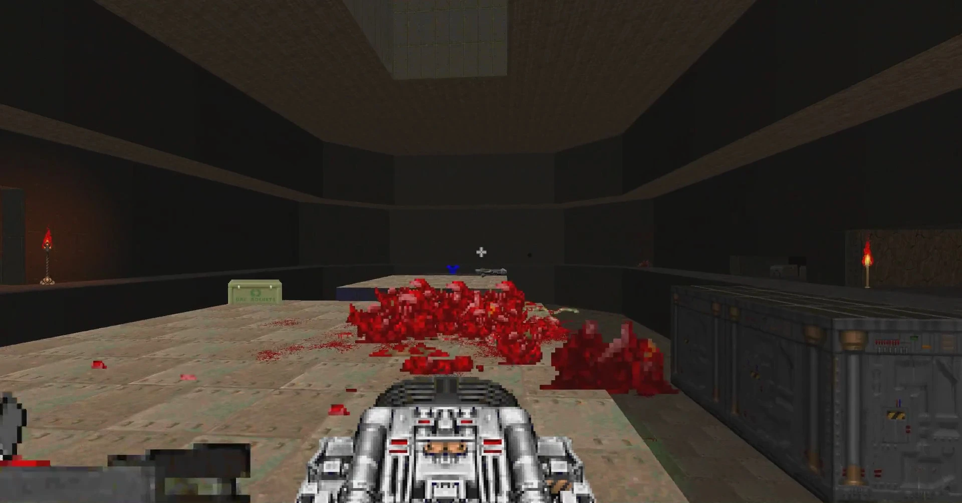 First-person view in Doom II using Bolognese Gore Mod showing heavy blood splatter on floor after enemy kill