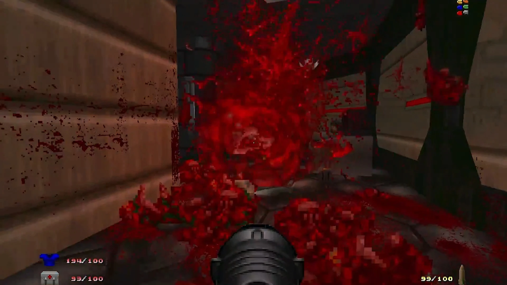 Screenshot showing heavy blood splatter and gore effects in Doom II using Bolognese Gore Mod