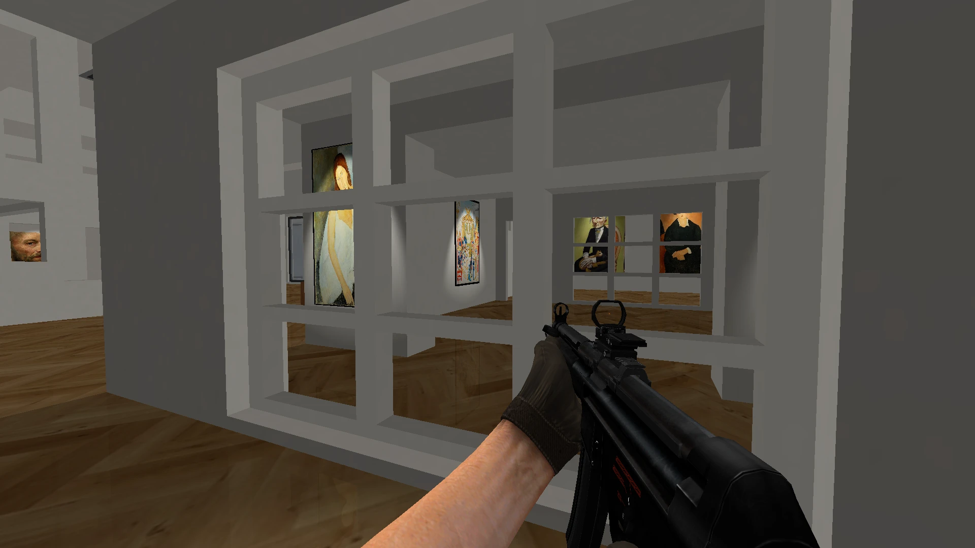 Spieler hält eine Waffe in einer Galerie mit Gemälden an weißen Wänden und Holzboden im Doom II BREACH Mod