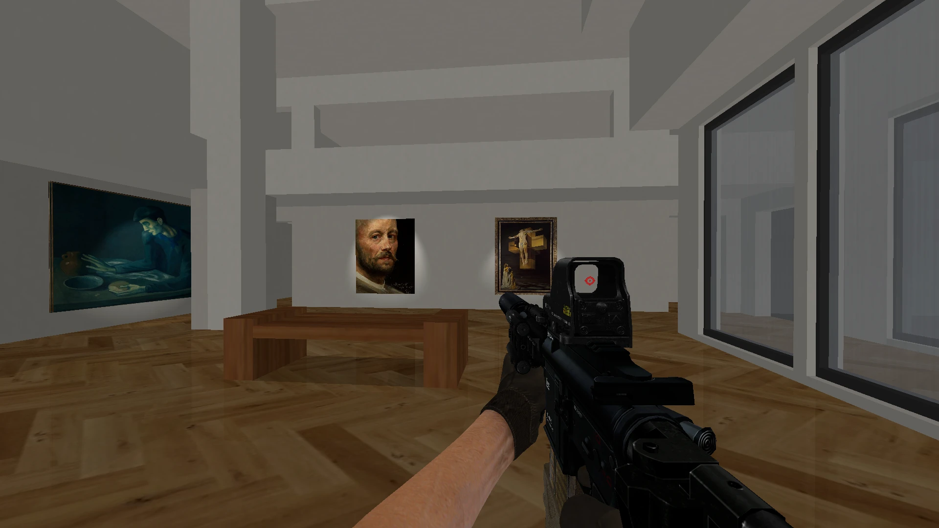 Spieler hält ein Gewehr in einer hell beleuchteten modernen Kunstgalerie mit Gemälden an den Wänden