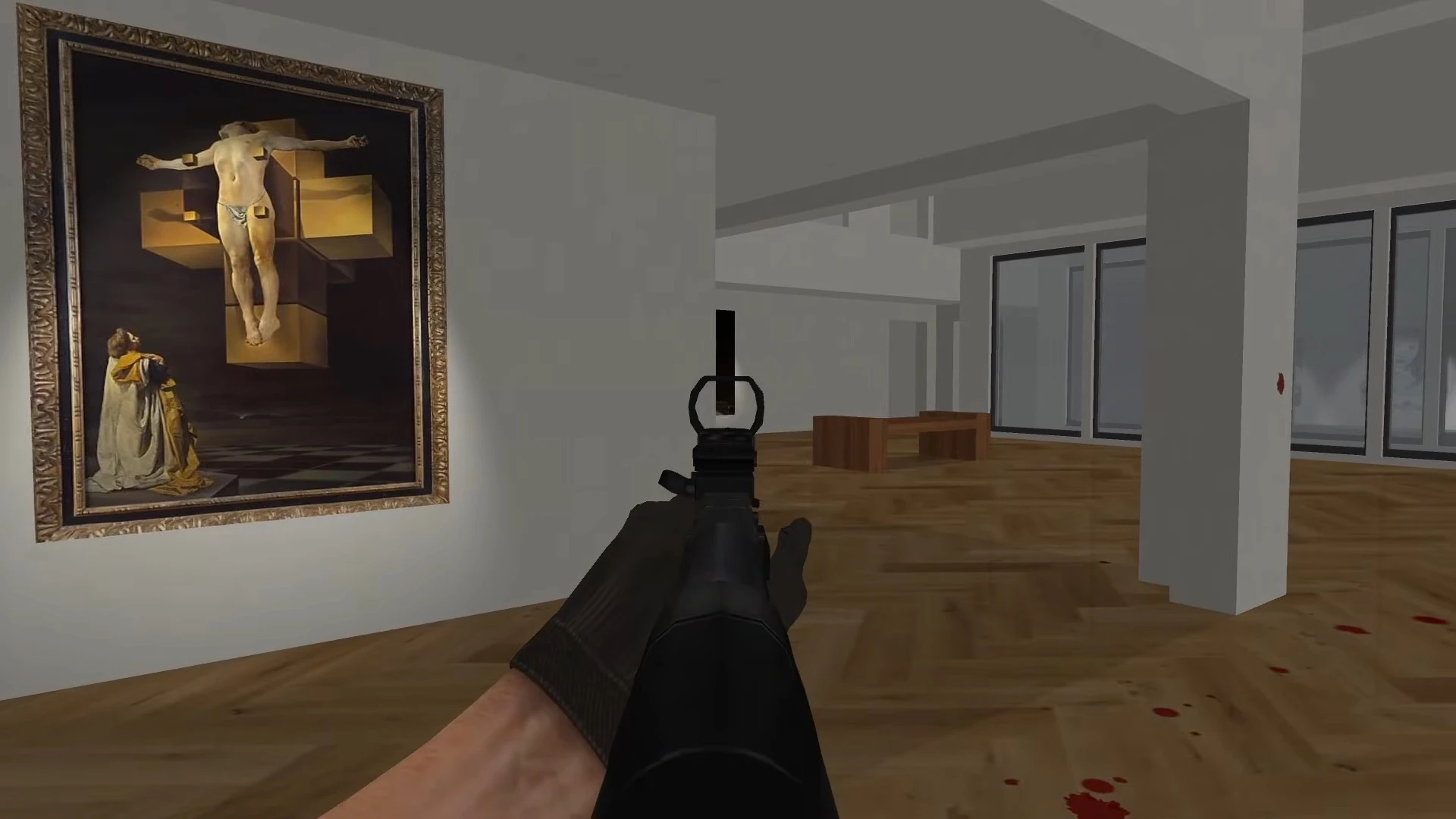 Ego-Shooter-Ziel innen in moderner Kunstgalerie mit Gemälde und Blutflecken auf Holzboden im BREACH-Mod