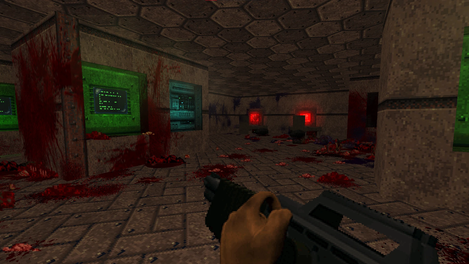 In-game screenshot of Brutal Doom 64 mod for Doom II showing blood stains and gore inside a tech room
