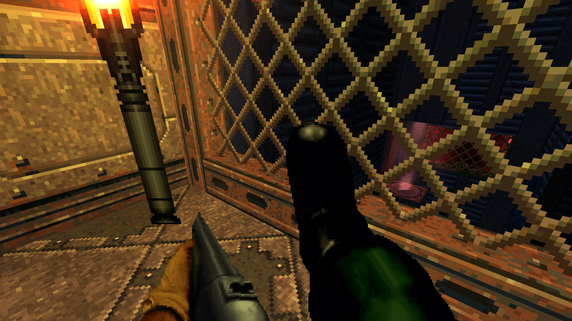 Player holding a shotgun inside a dimly lit room with a torch mounted on the wall and looking through a rusty metal grate in Brutal Doom 64