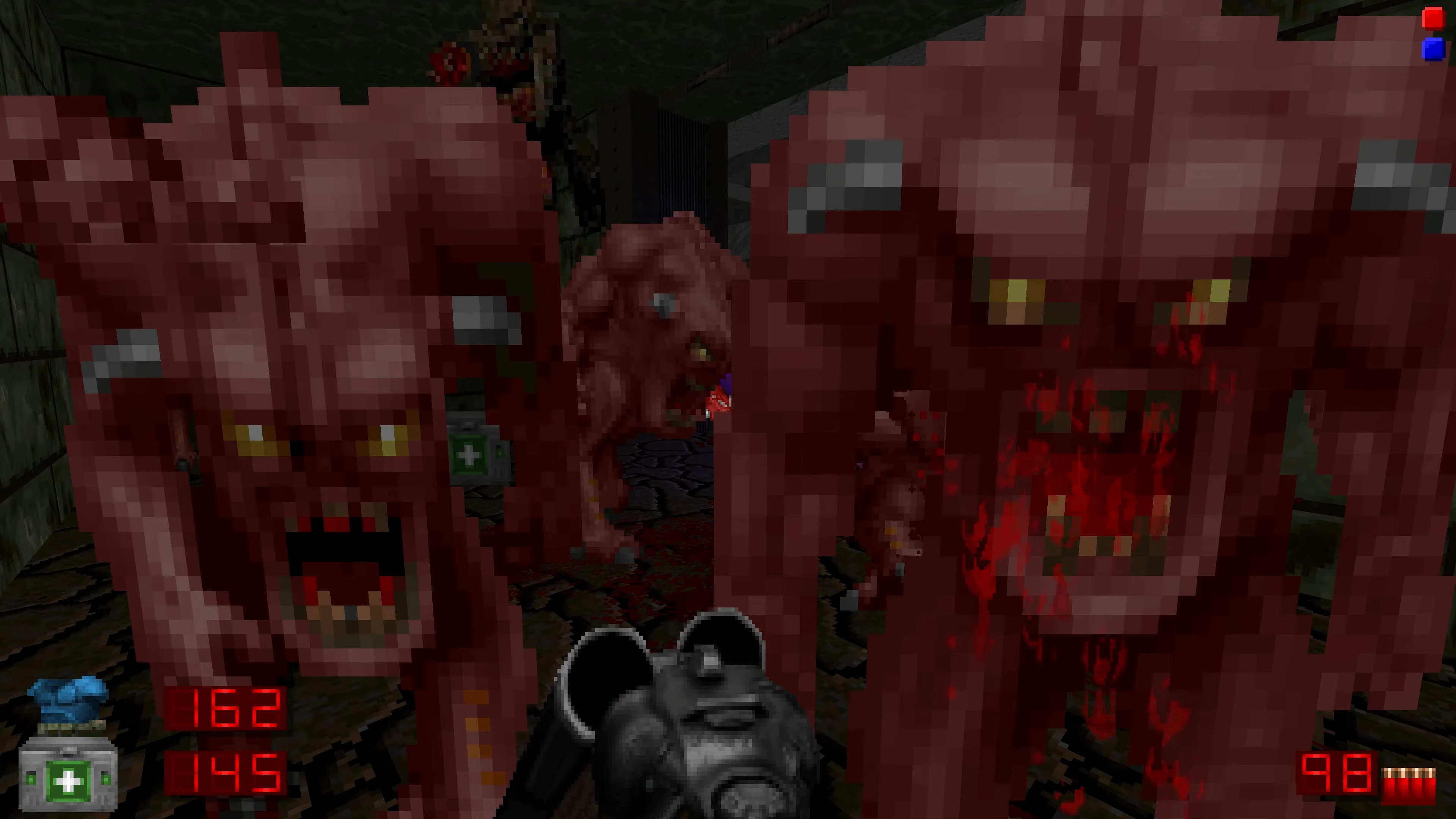 First-person shooter view showing intense combat with multiple red demon monsters in Doom II Brutal Doom mod