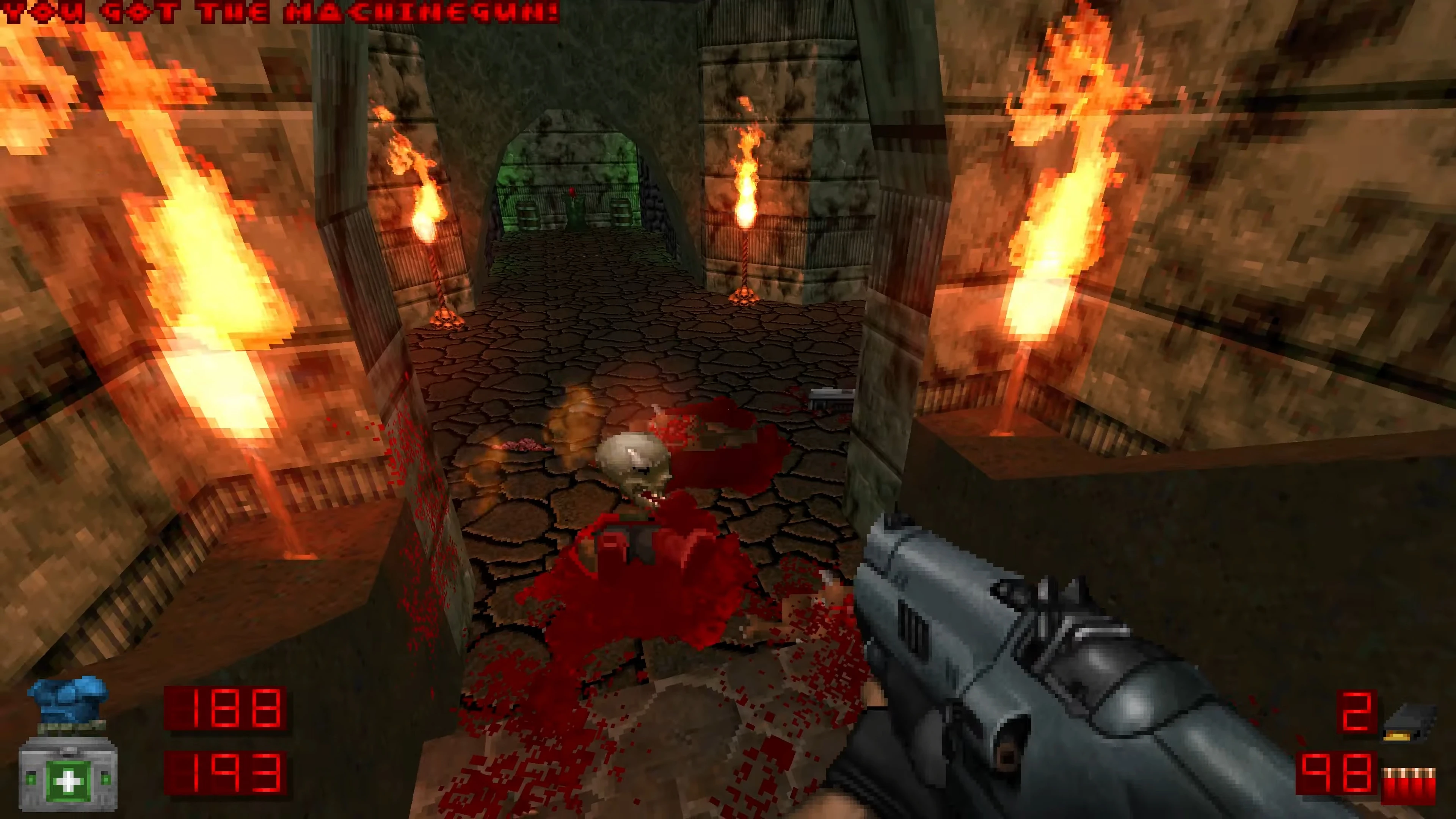 First-person screenshot showing machinegun use and gore in Brutal Doom II mod