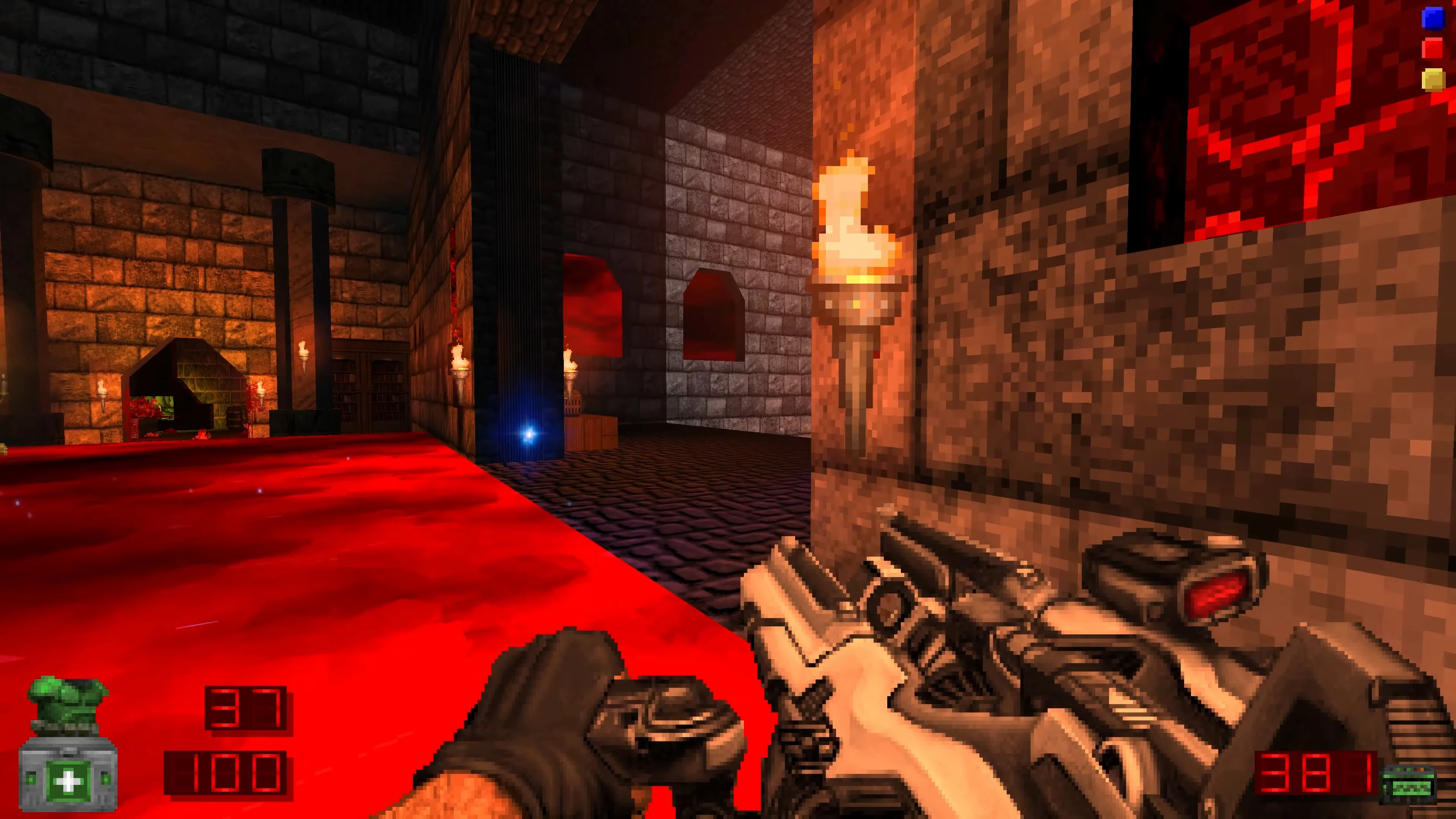 First-person view showing a futuristic rifle and a fiery castle interior with red lighting in Brutal Doom