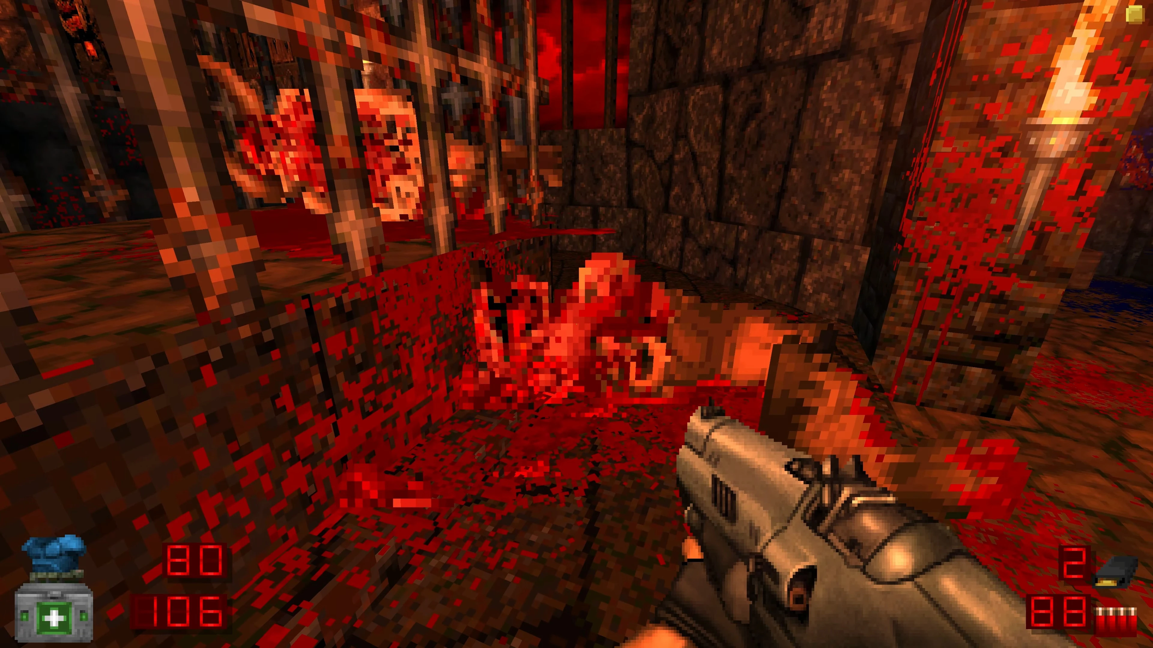 First-person view with shotgun firing amid pixelated blood and gore effects in Brutal Doom mod