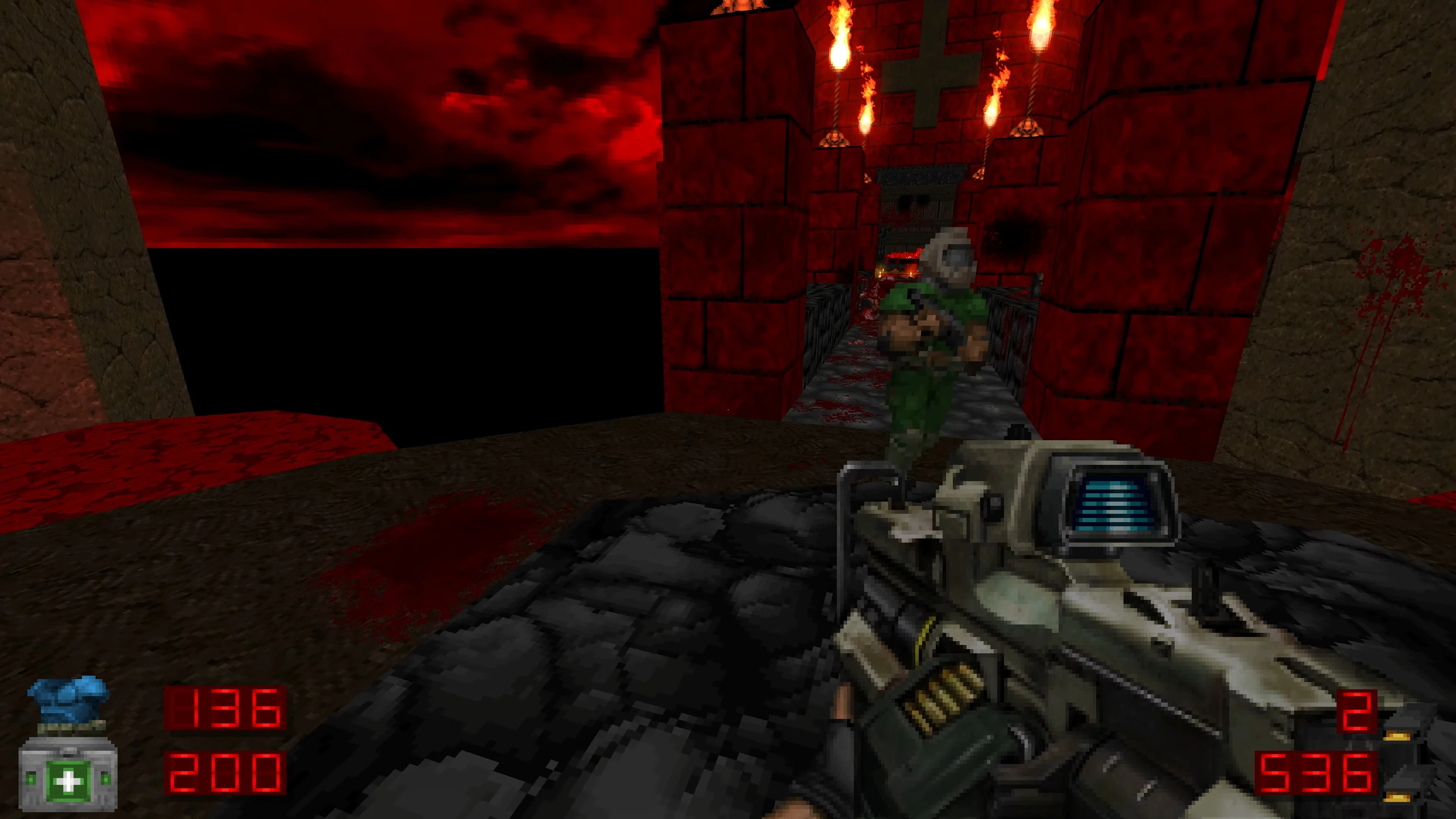 First-person view in Doom II Hell on Earth mod showing futuristic rifle and red-lit fortress environment