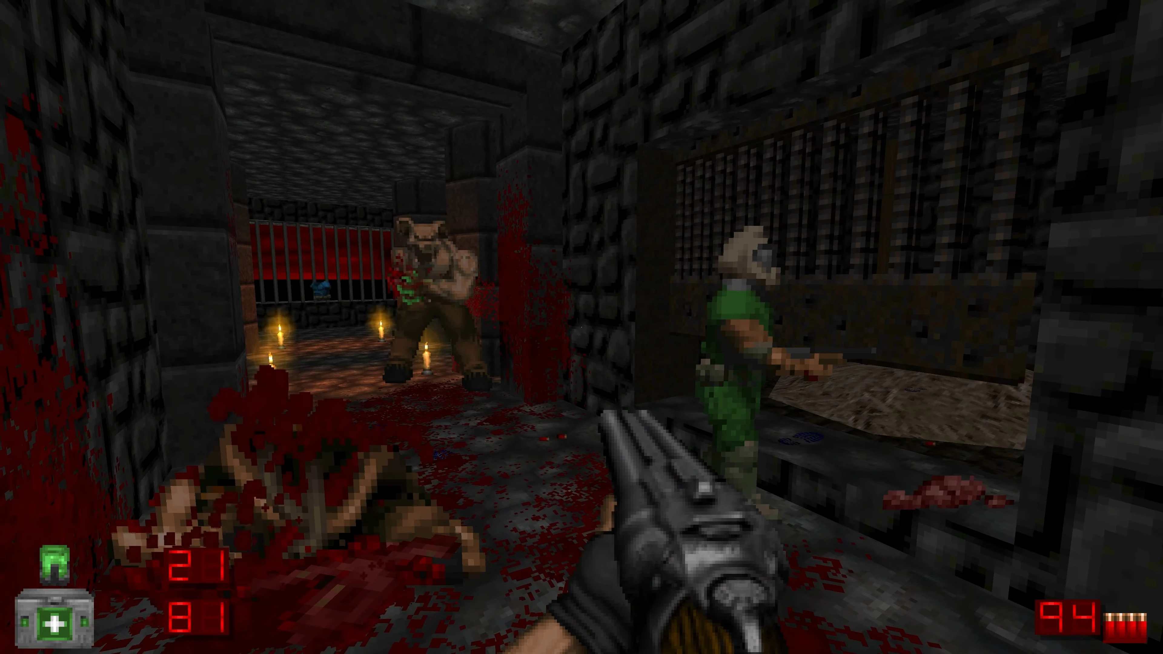 First-person view showing gunfire and blood during brutal fight with demons in Doom II Hell on Earth