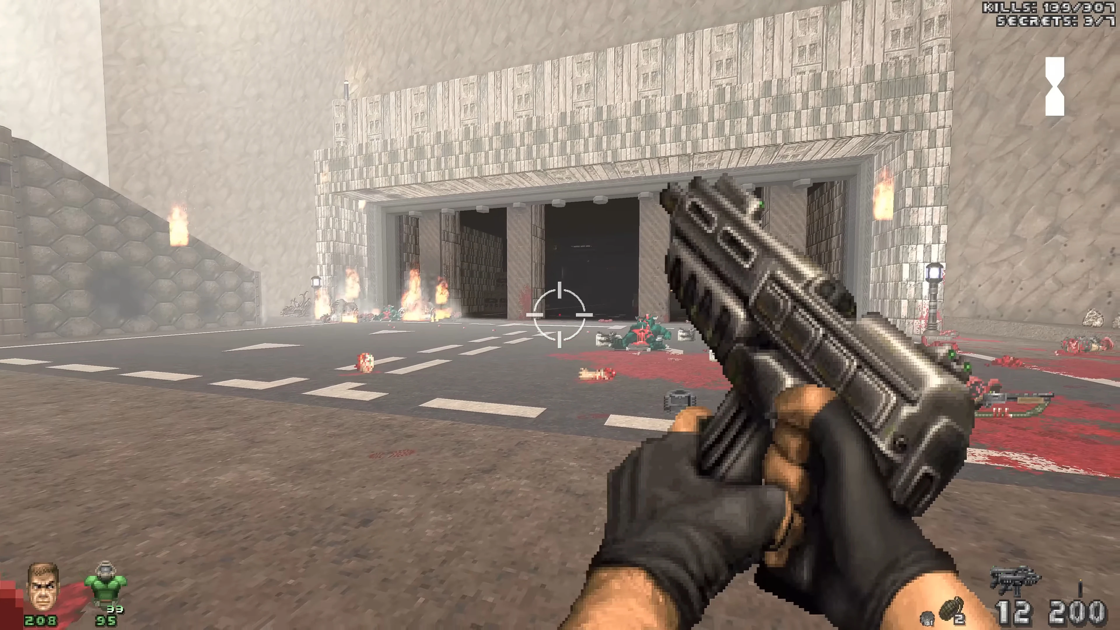 Player holding a shotgun aiming at an entrance in Brutal Doom Platinum mod for Doom II