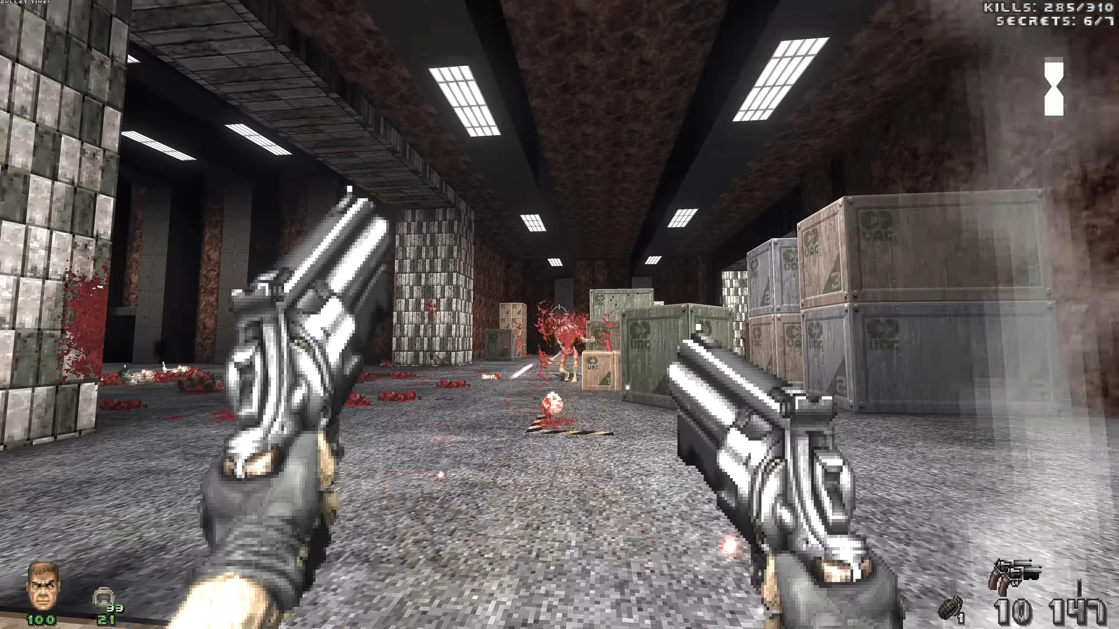 Player using dual pistols in Brutal Doom Platinum mod fighting enemies in a warehouse with crates and blood effects