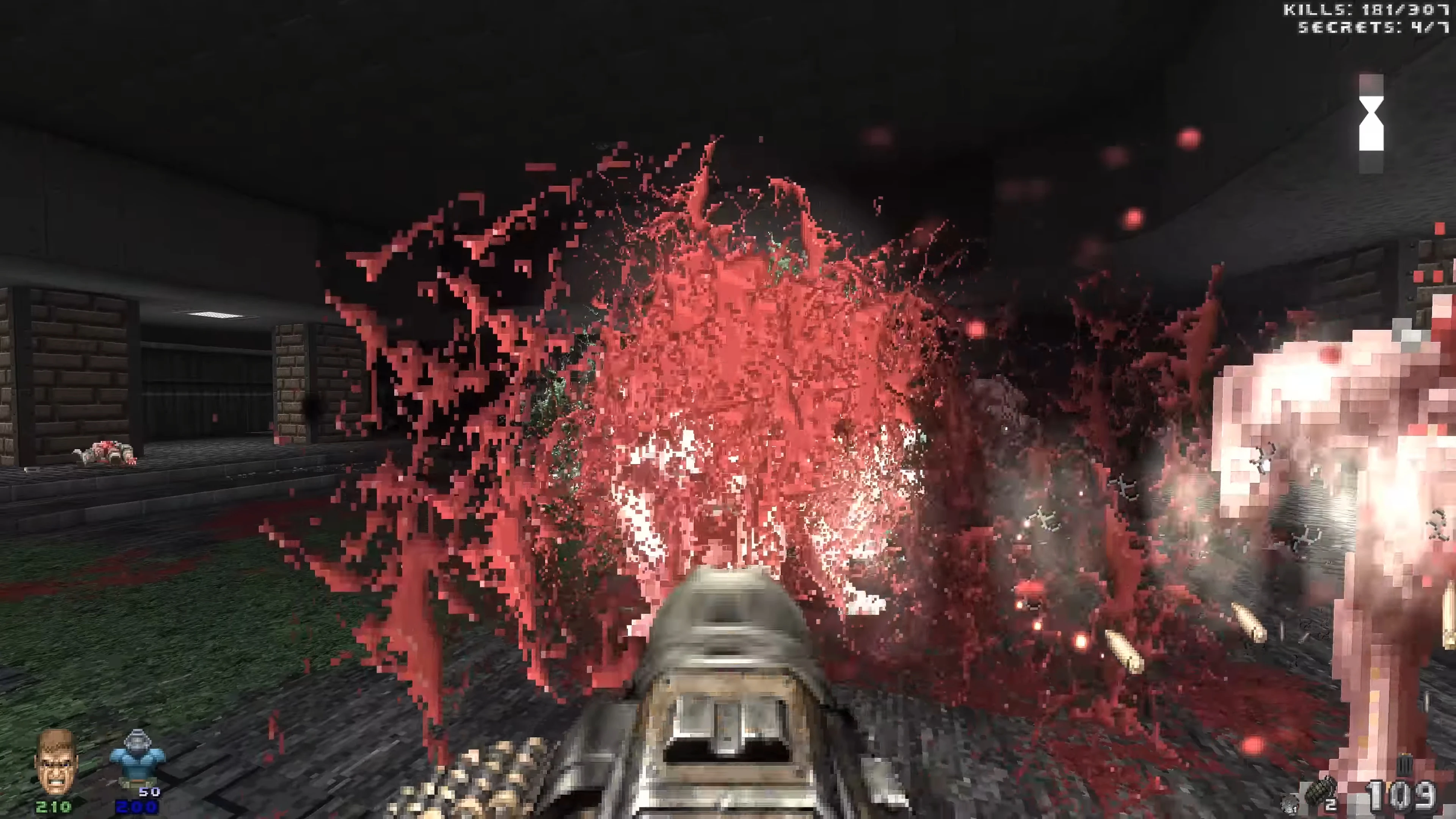 First-person view of a weapon firing with intense blood explosion effect in Brutal Doom Platinum