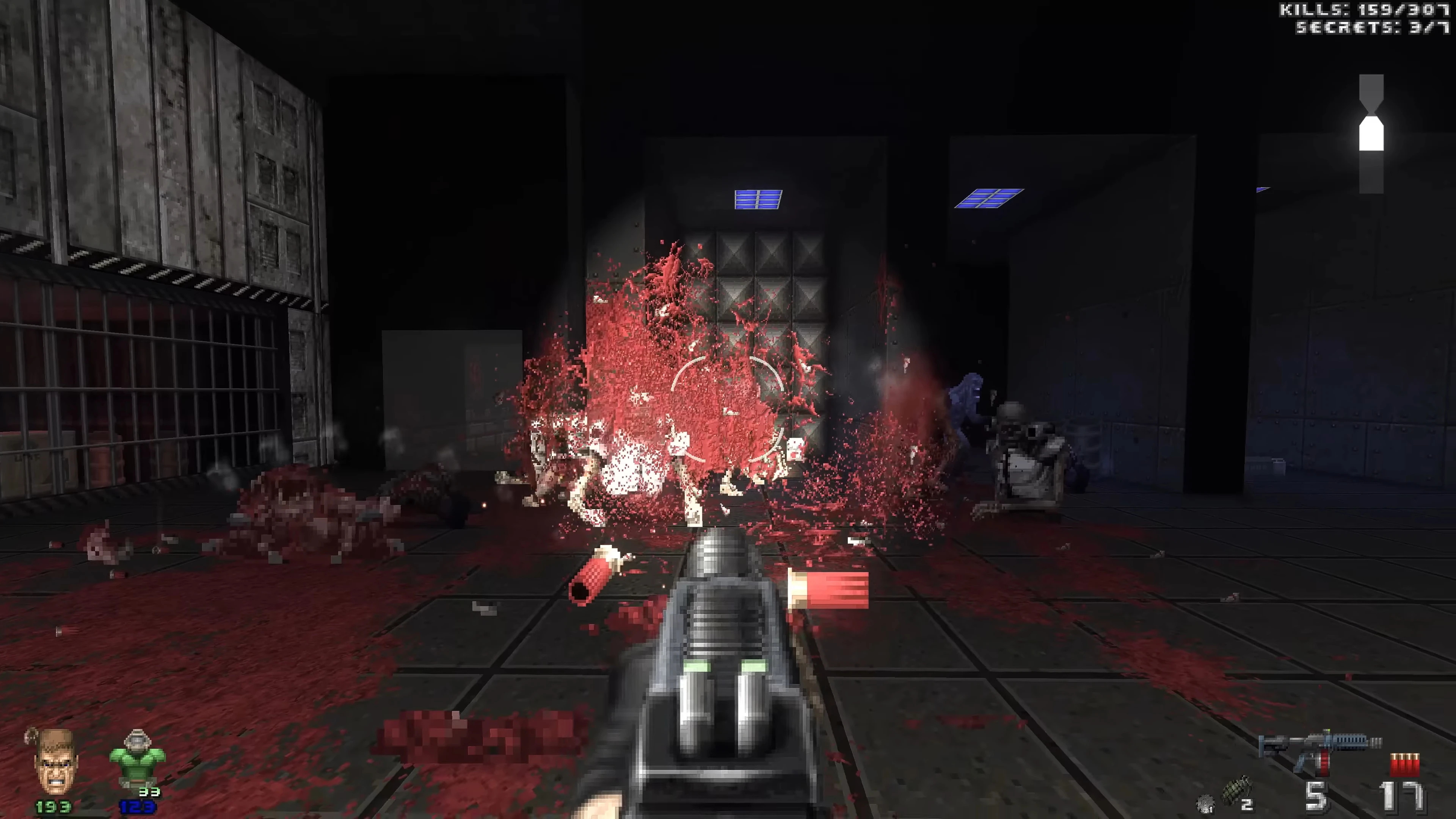 First-person view of shooting a shotgun causing an explosion of pixelated blood in a dark room