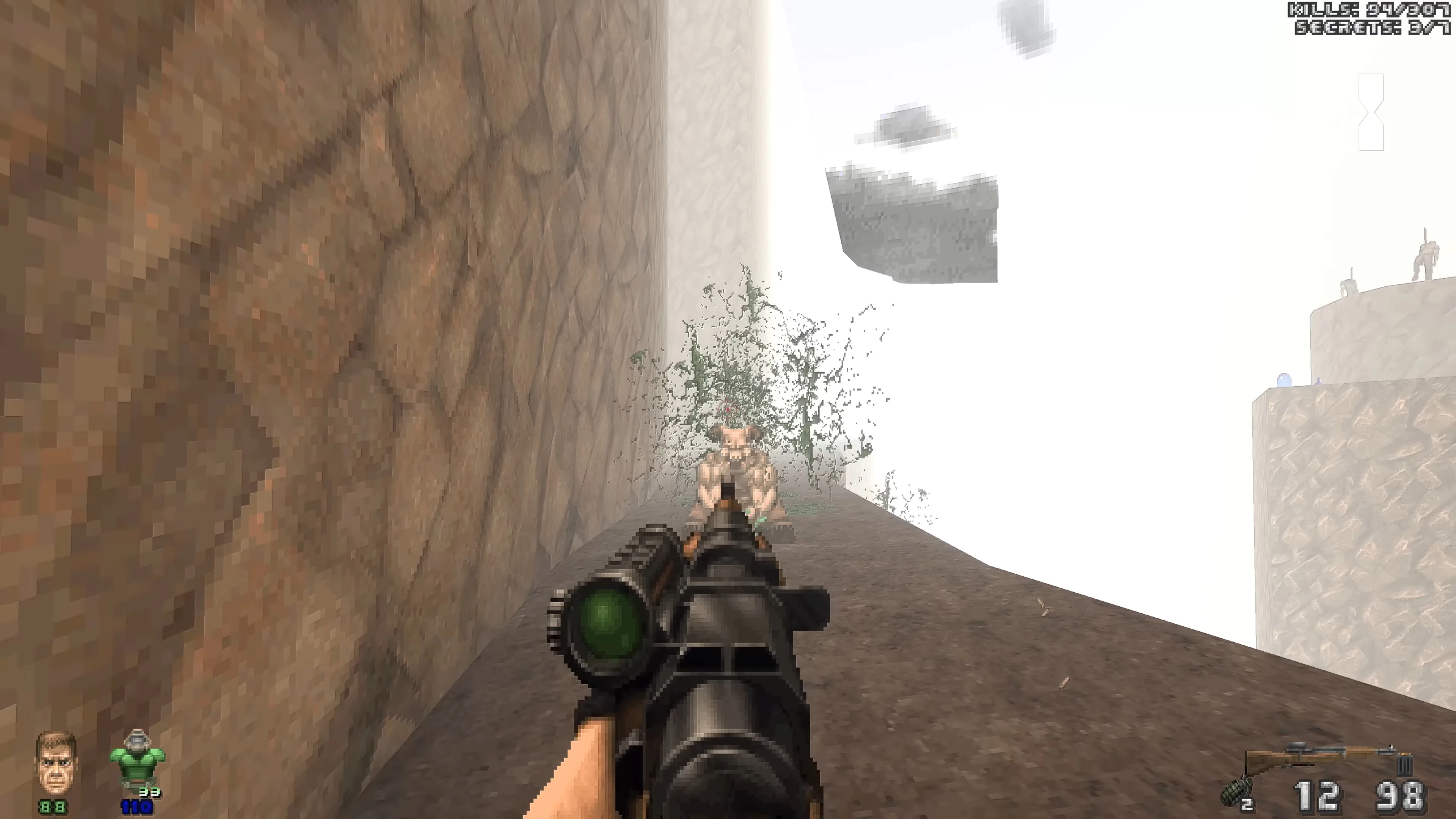 First-person view aiming sniper rifle at an Imp enemy with pixelated textures and bright sky in Brutal Doom Platinum