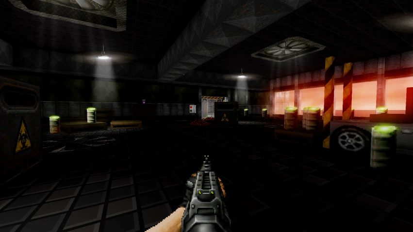 First-person view of a player holding a shotgun inside a dimly lit industrial warehouse in Brutal Doom Platinum