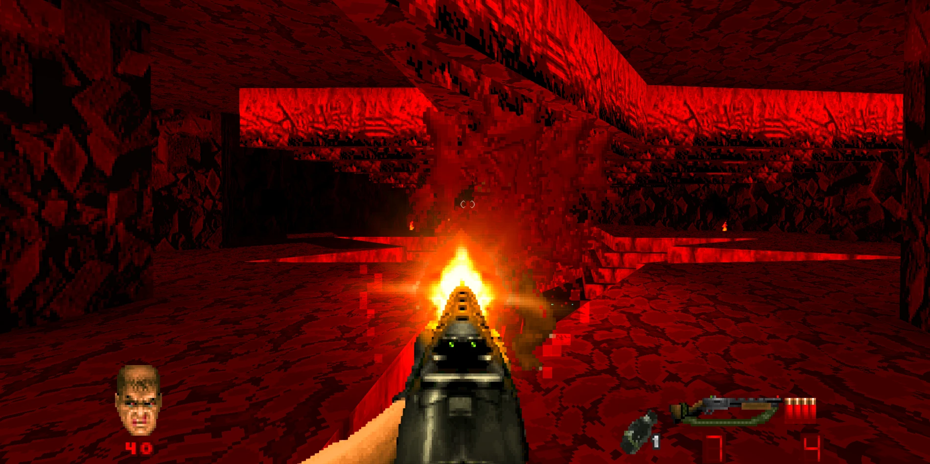 Player firing a shotgun in a dark red hellish environment with pixelated flames in Brutal Doom Platinum