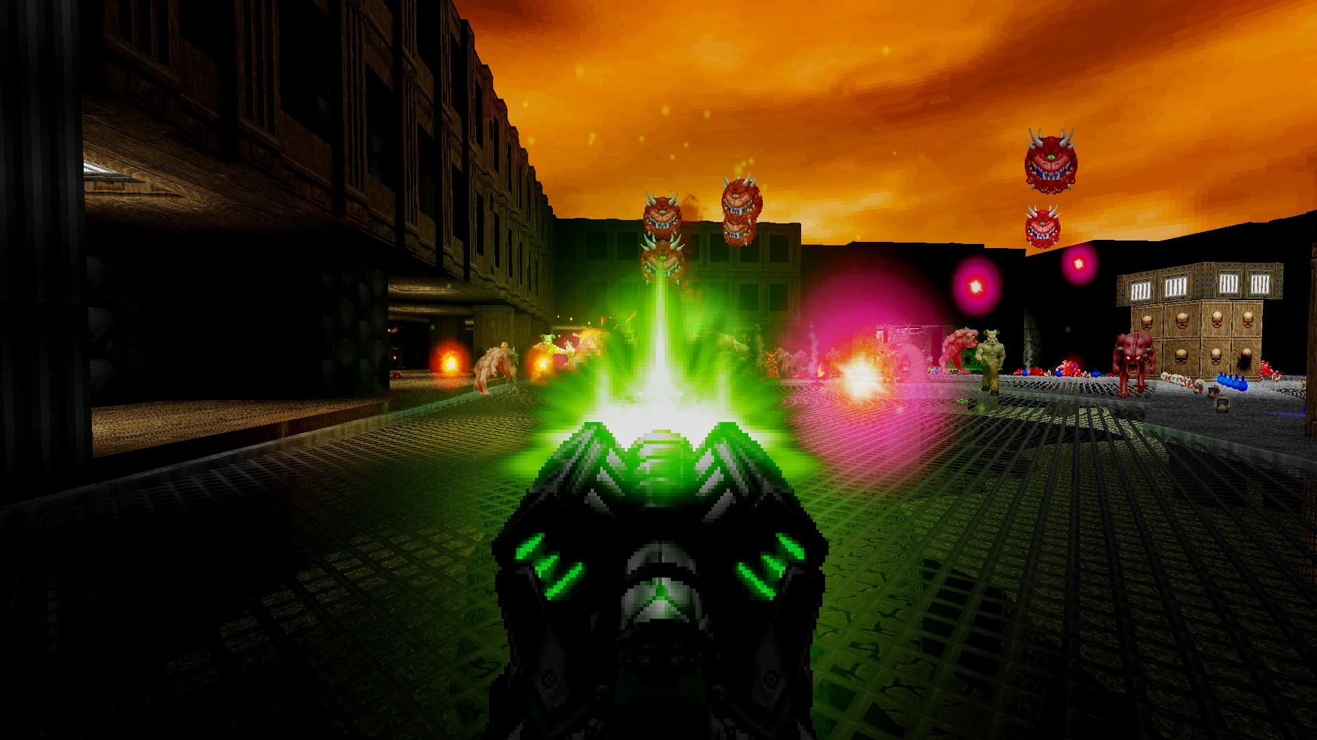 First-person view shooting a green energy weapon at flying and ground monsters in Brutal Doom Platinum