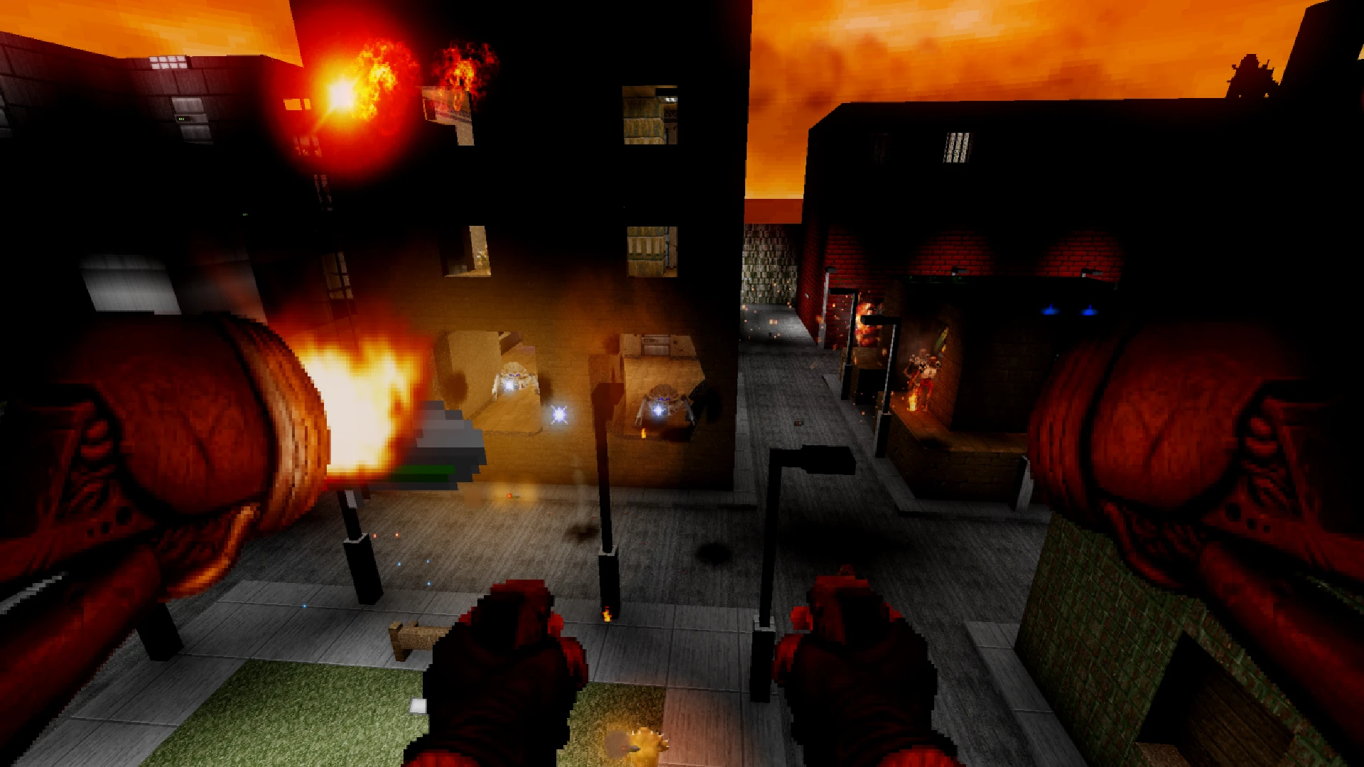 First-person view firing rocket launchers in a dark city street with explosions and enemies in Brutal Doom Platinum