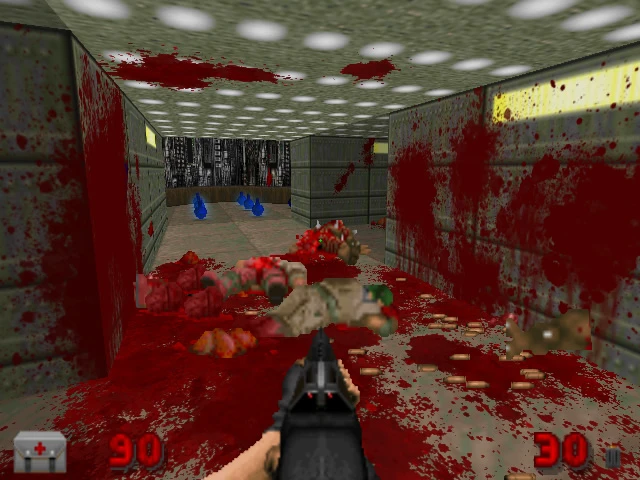 First-person view with shotgun in a blood-splattered corridor filled with dead monsters and blue items in Brutal Doom mod