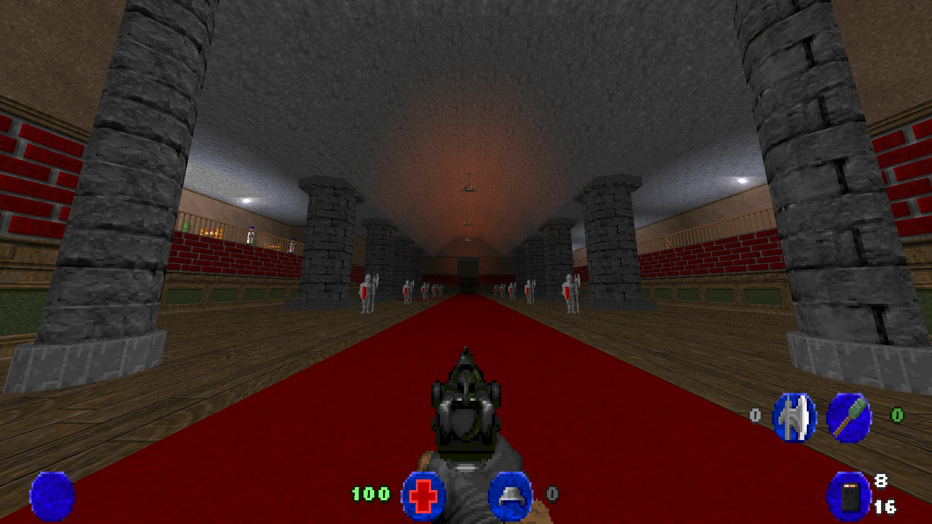 Erste-Person-Ansicht eines detaillierten steinernen Burgflurs mit rotem Teppich und Rüstungen im Brutal Wolfenstein 3D Mod für Doom II