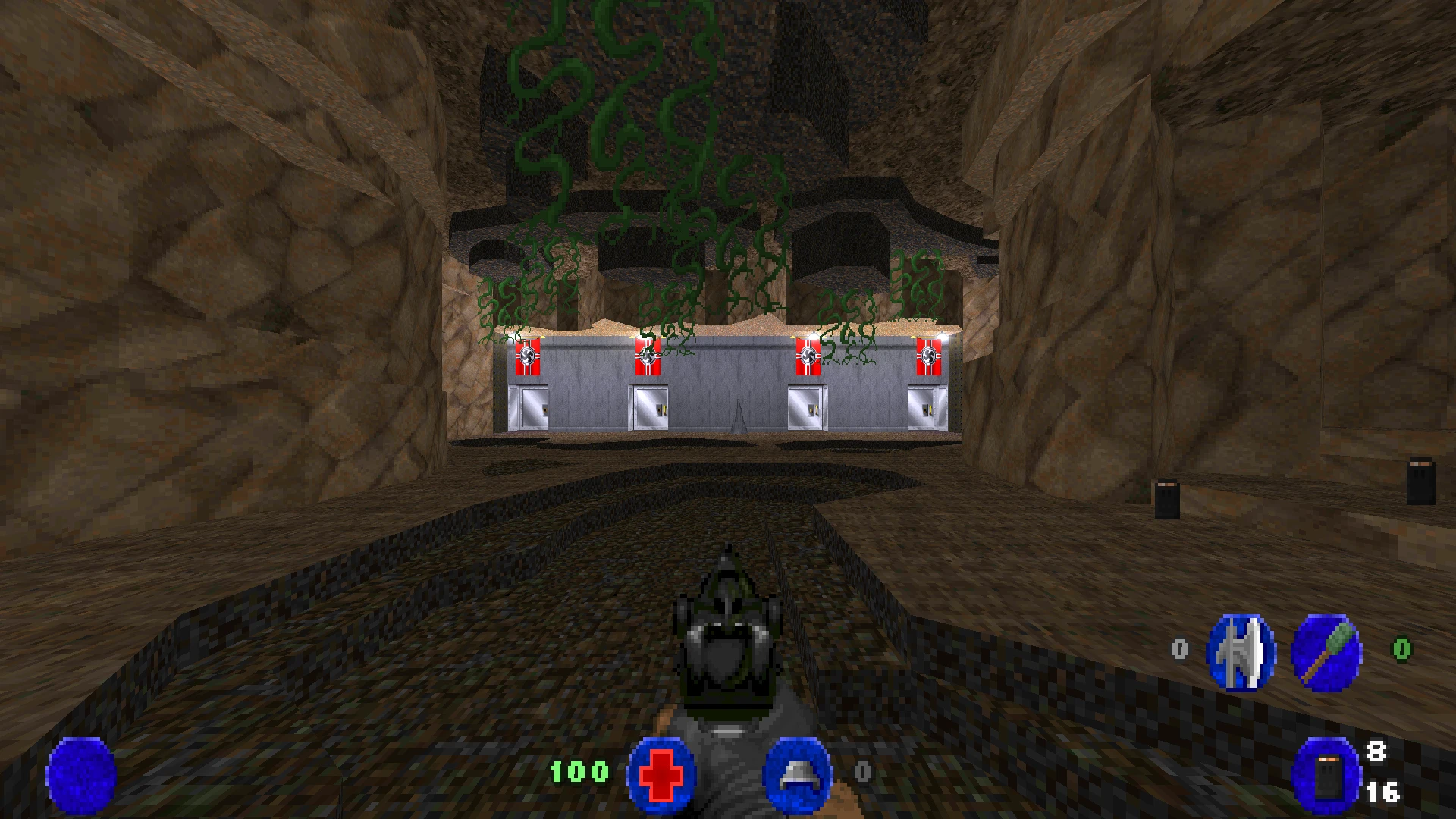 Erste-Person-Ansicht im Doom II Mod Brutal Wolfenstein 3D mit felsiger Höhle und grauer Struktur mit Nazi-Flaggen