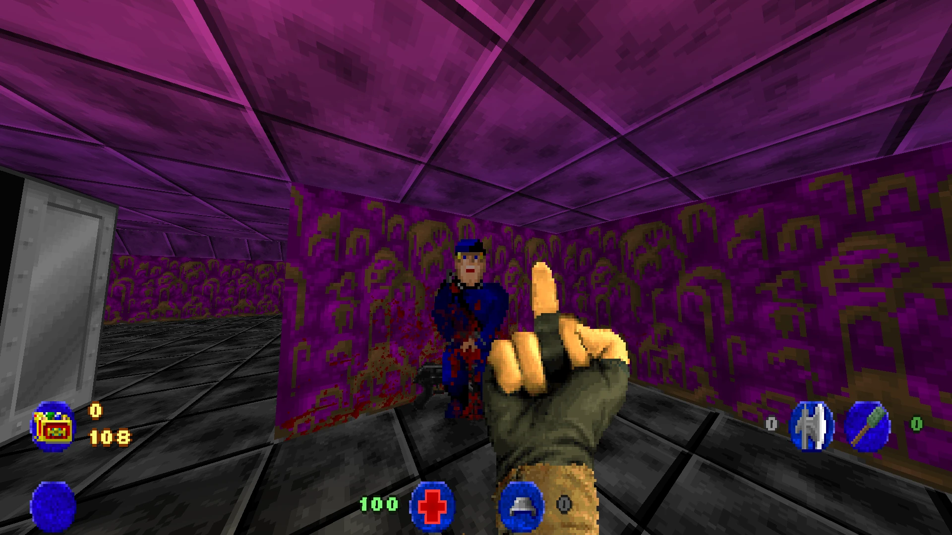 Erste-Person-Perspektive zeigt Schuss auf pixeligen Gegner in Raum mit violetten Wänden im Brutal Wolfenstein 3D Mod für Doom II