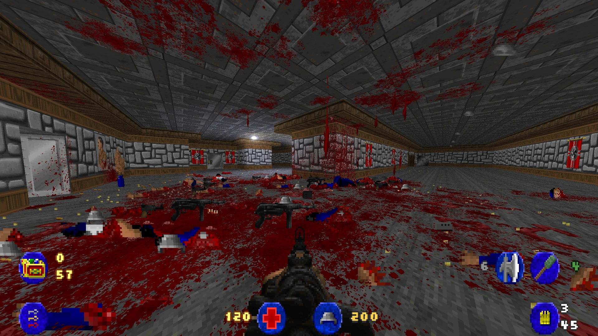 Bildschirmfoto intensiven Kampfes mit Blut und zerstückelten Gegnern im Doom II-Mod Brutal Wolfenstein 3D