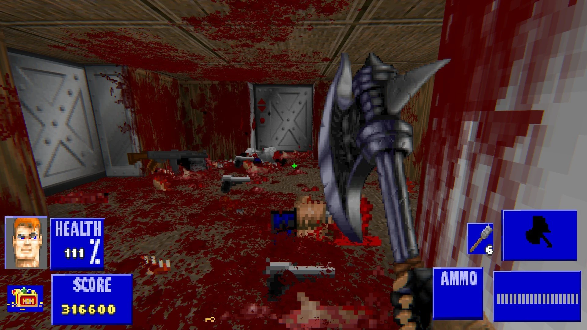 Gameplay-Bildschirm des Doom II Mods Brutal Wolfenstein 3D mit blutiger Axtattacke im Flur