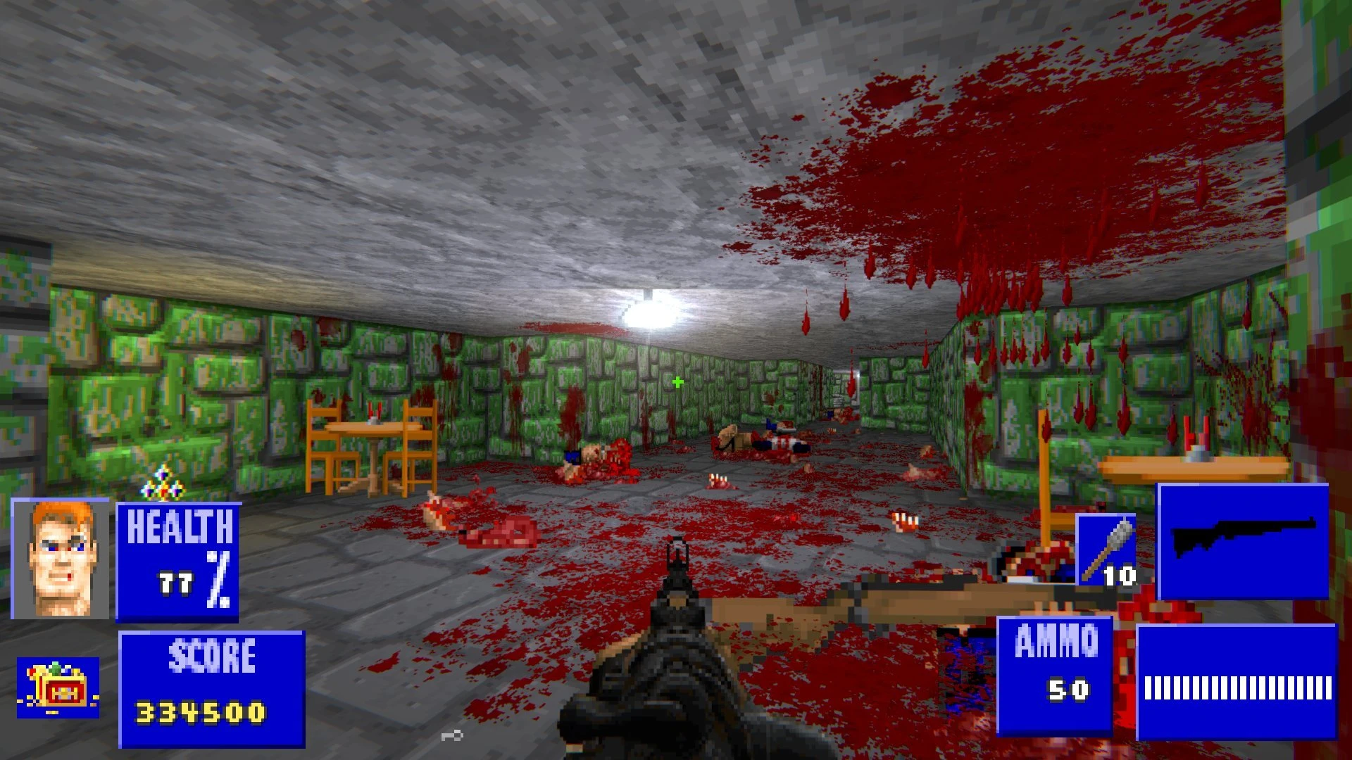 In-Game Ego-Perspektive im Doom II Brutal Wolfenstein 3D Mod mit blutverschmiertem grünen Steingang und toten Feinden
