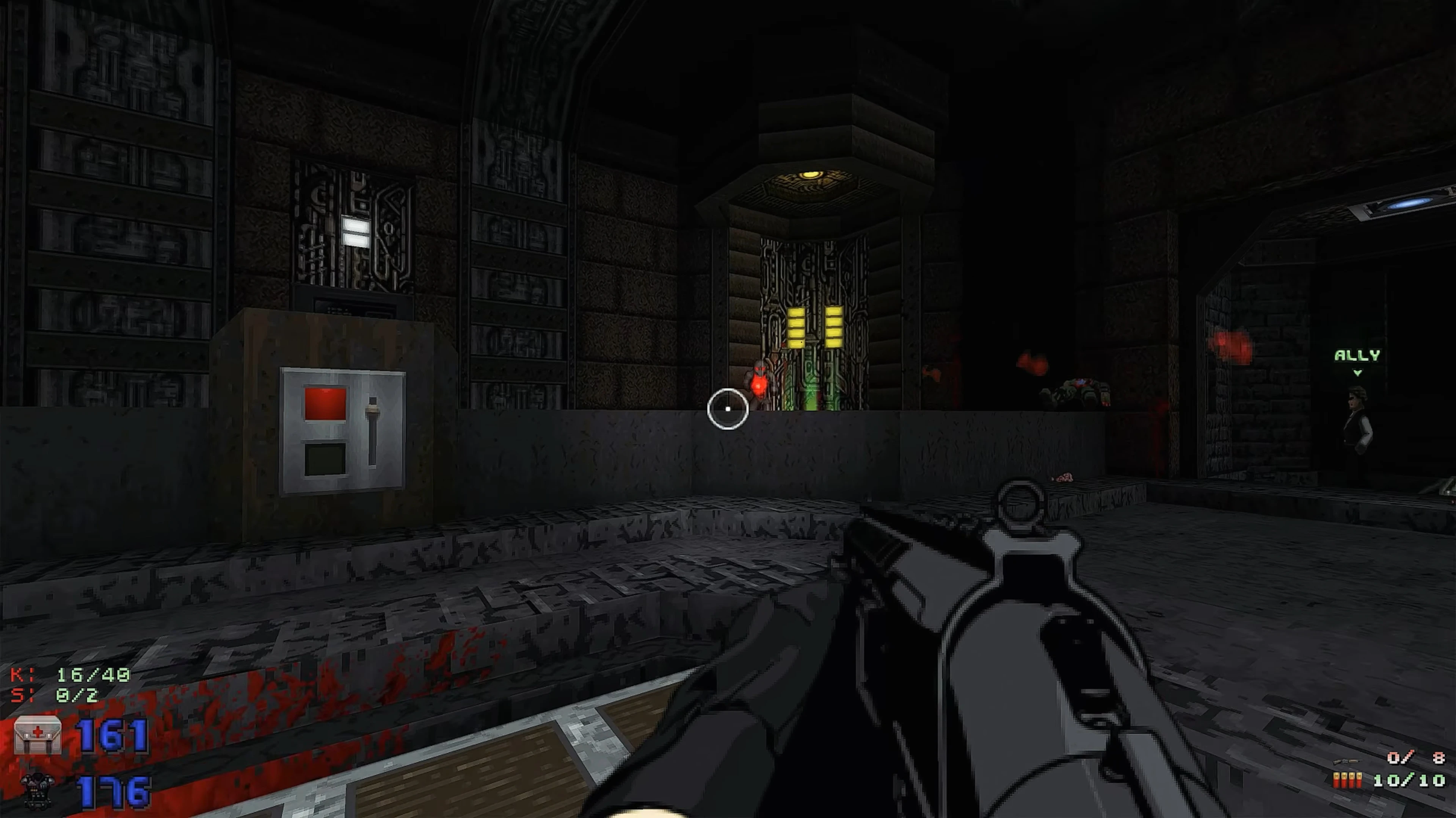 First-person view with assault rifle aiming in a dark sci-fi corridor with health and ammo HUD in CALLSIGN ZERO mod