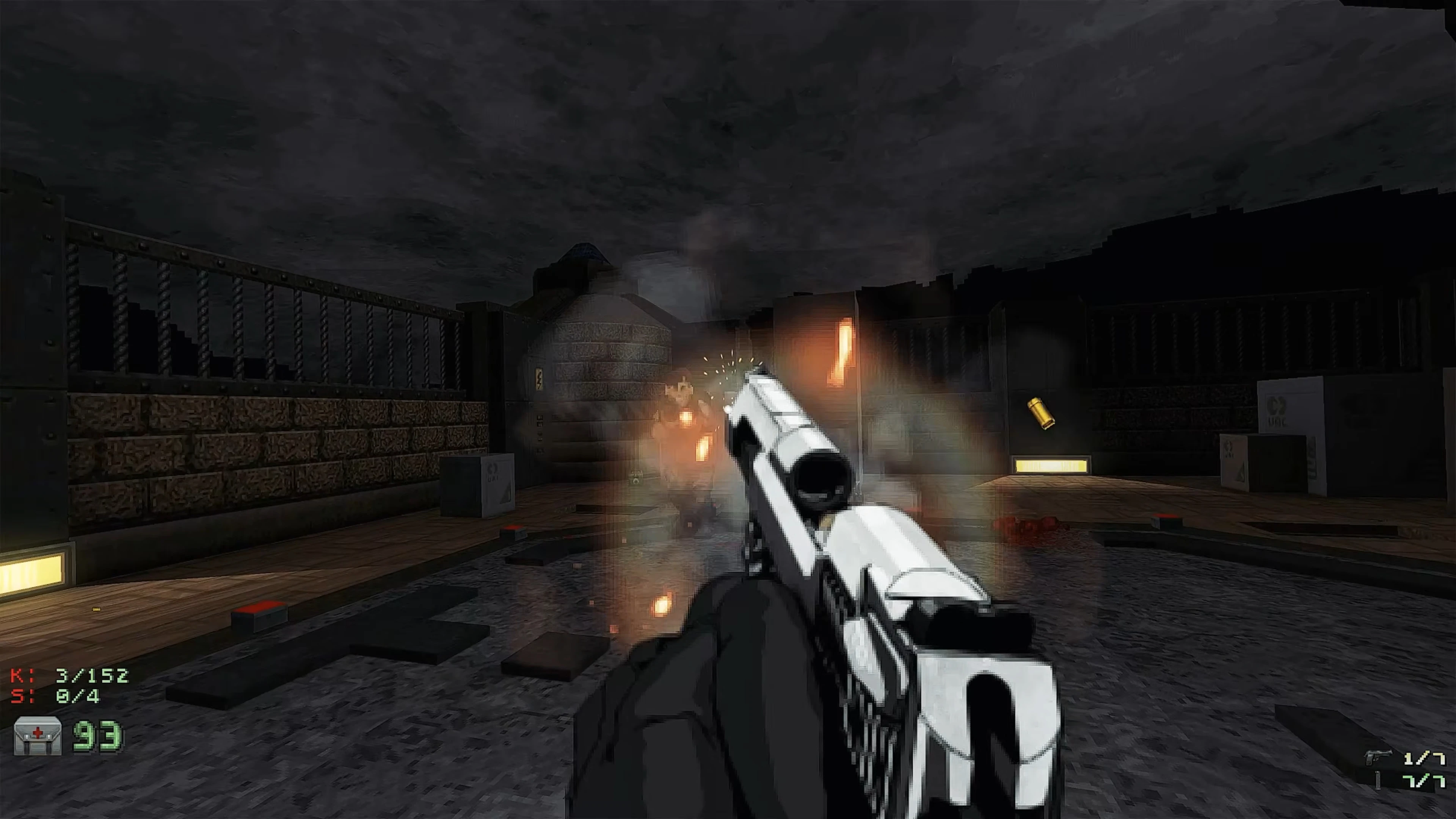 Player firing a white handgun at an enemy in a dark industrial area in Doom II mod CALLSIGN ZERO