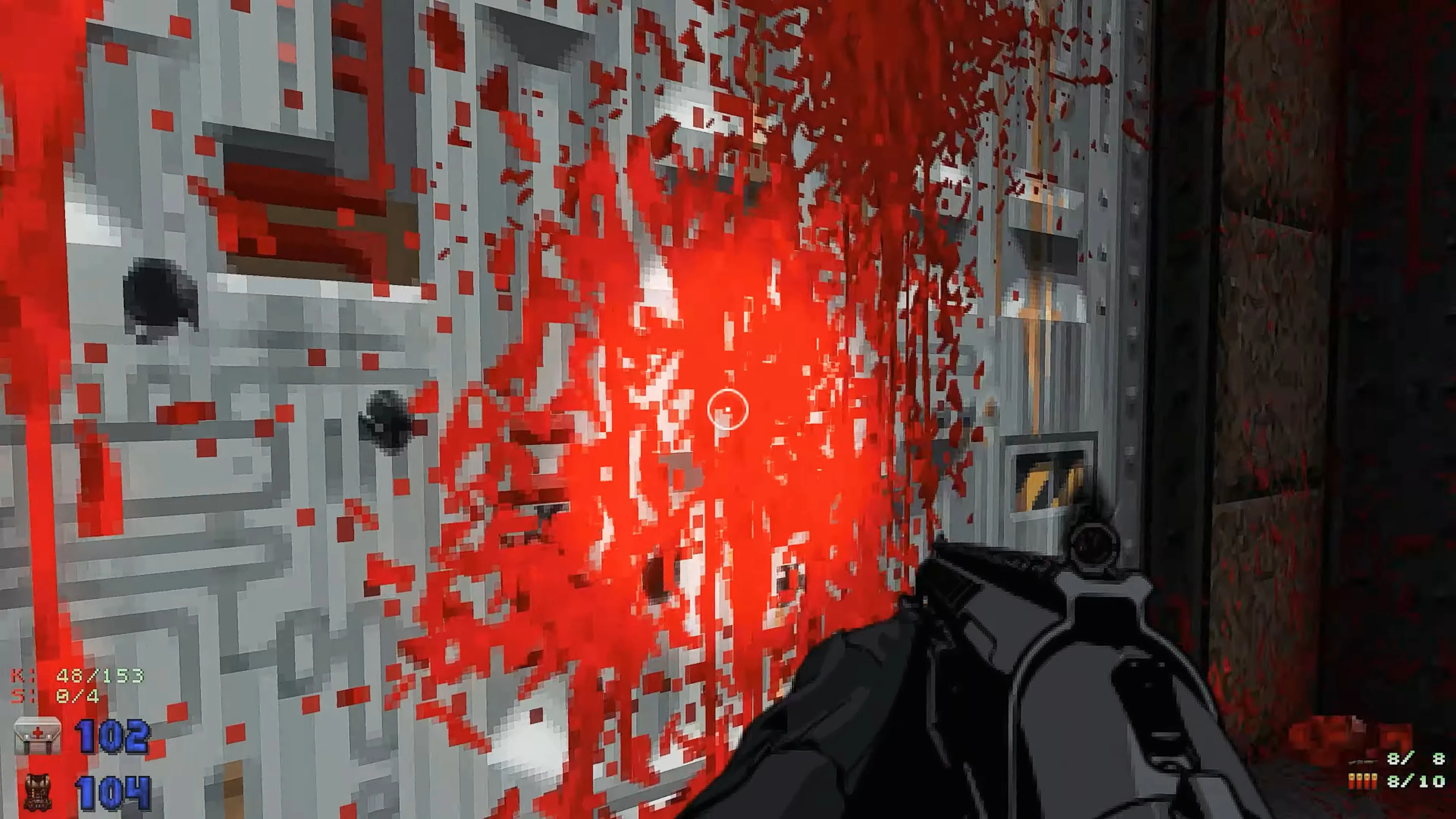 First-person view showing pixelated blood splatter and a futuristic gun in CALLSIGN ZERO mod for Doom II