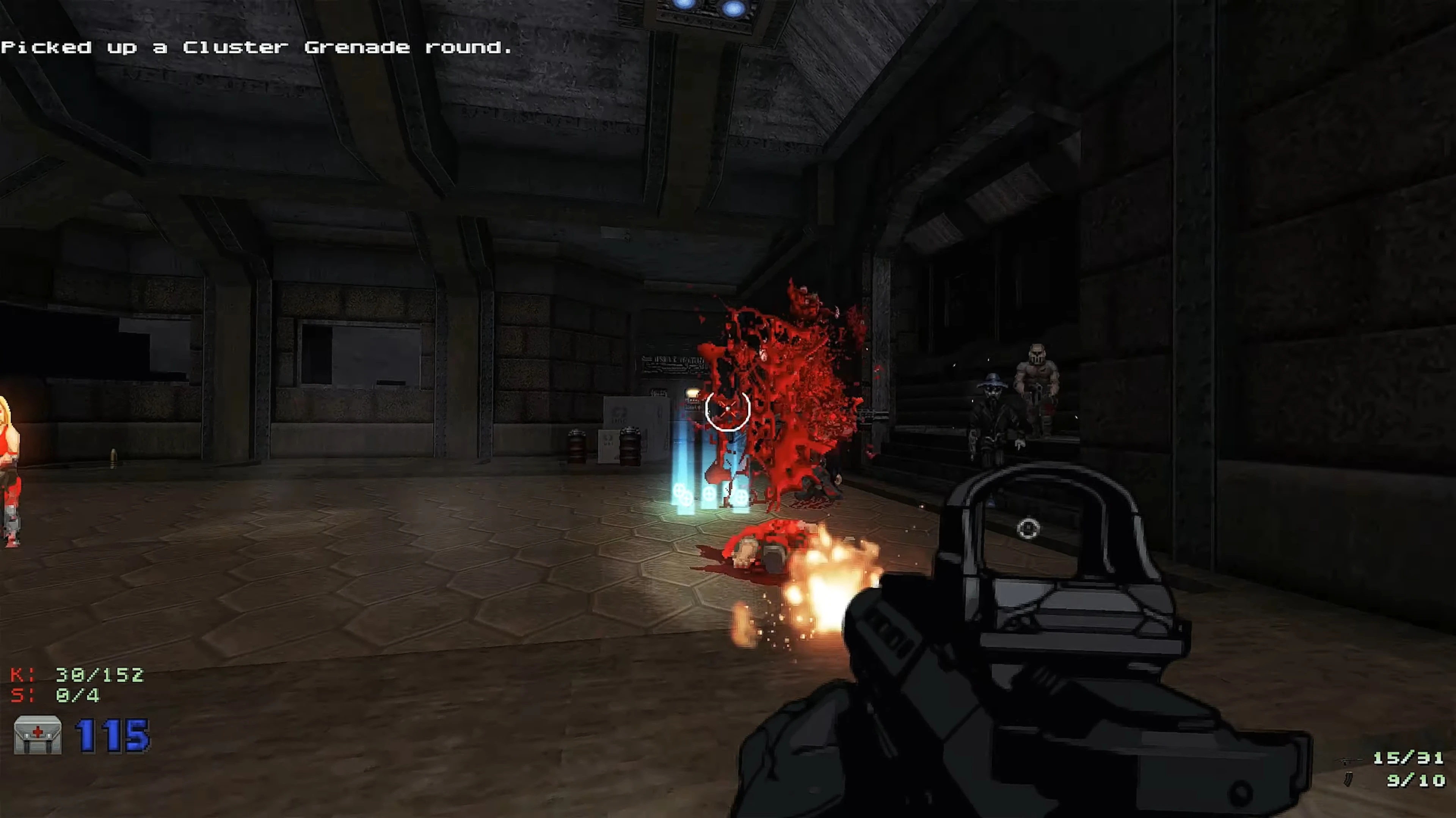 First-person shooter view showing a cluster grenade explosion hitting enemies in a dark hallway of a Doom II mod