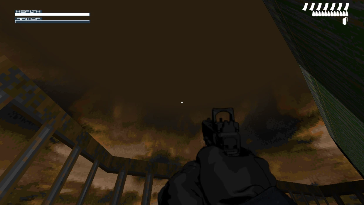 First-person perspective aiming a gun at a dark stormy sky with health and armor bars visible