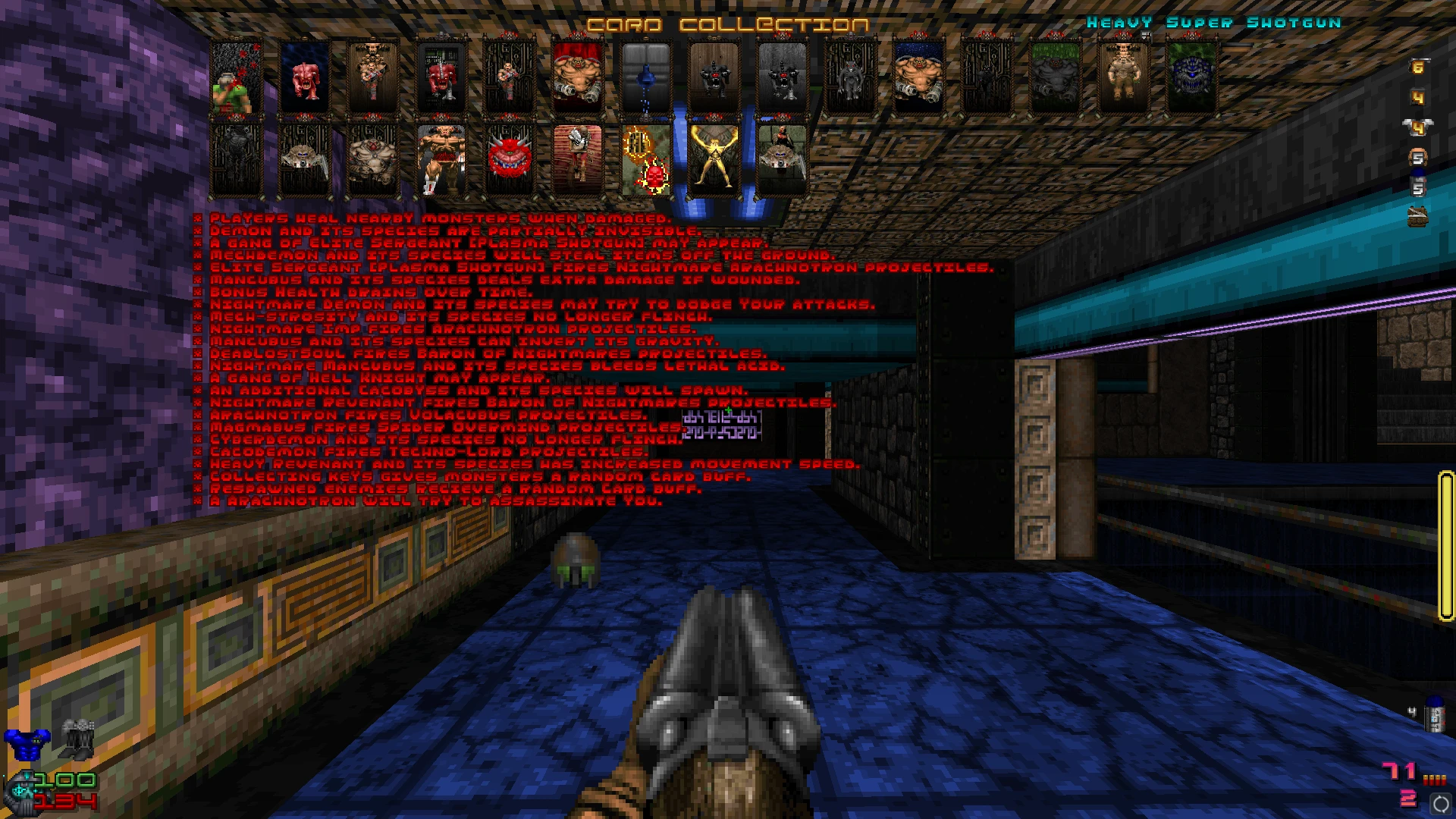 Zrzut ekranu z Doom II mod Corruption Cards pokazujący opisy umiejętności potworów i widok dubeltówki