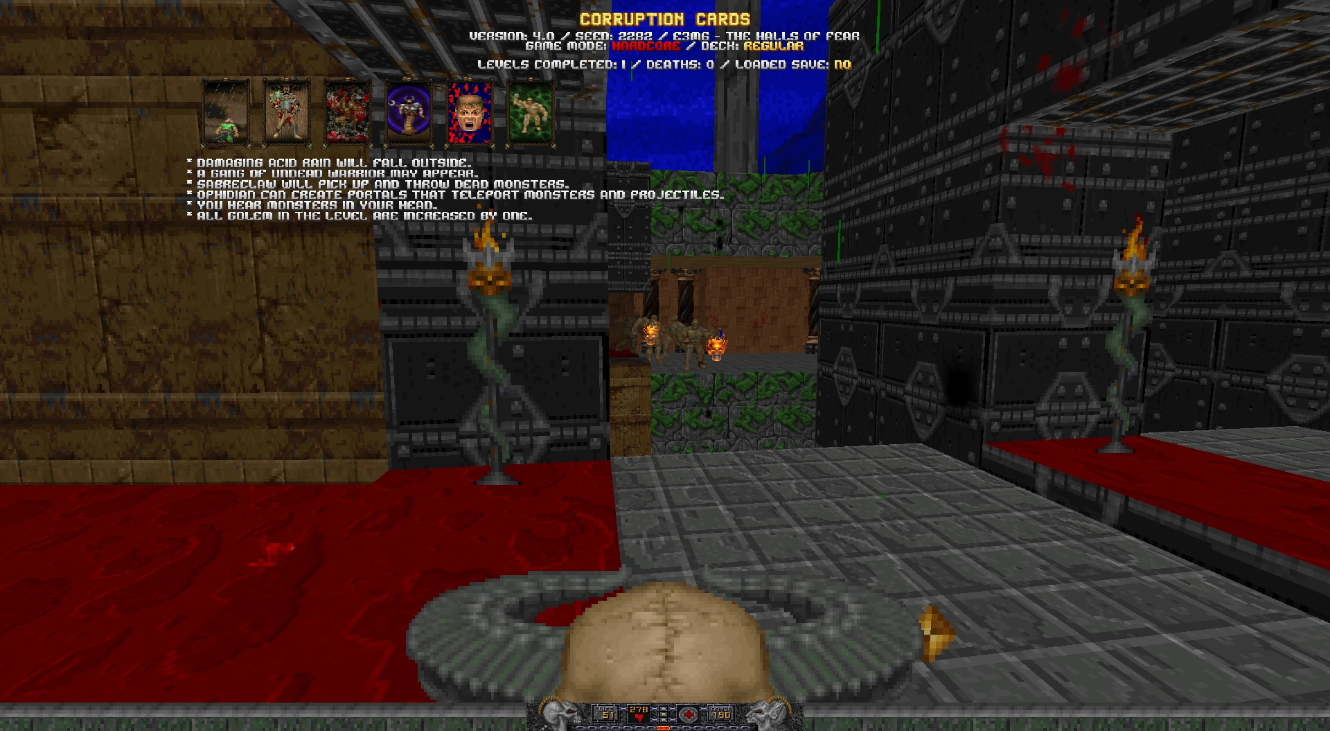 Rozgrywka Doom II z modem Corruption Cards, widok z pierwszej osoby, HUD i ciemne lochy