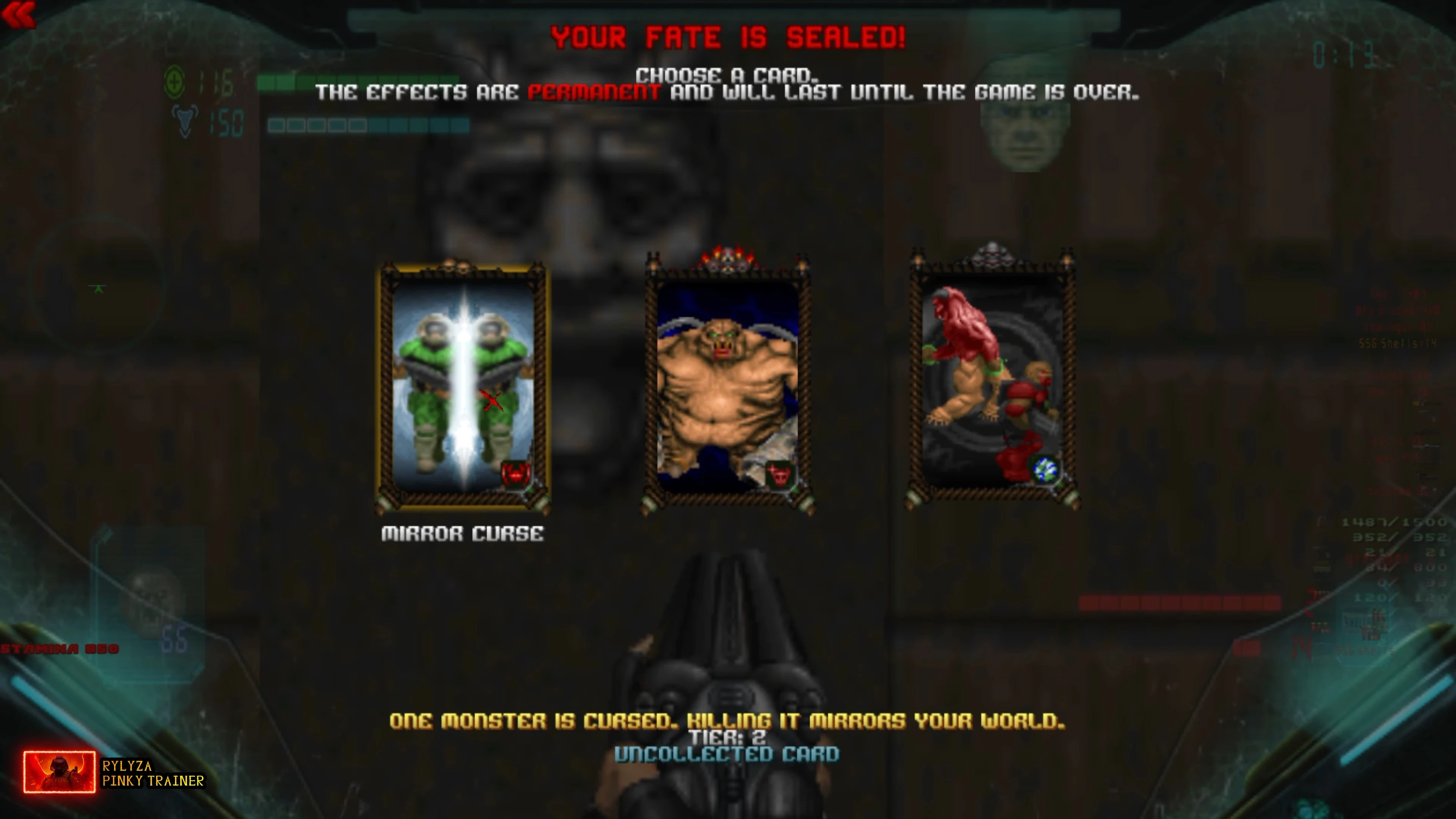 Rozgrywka Doom II pokazująca ekran wyboru kart Corruption Cards z potworami do wyboru