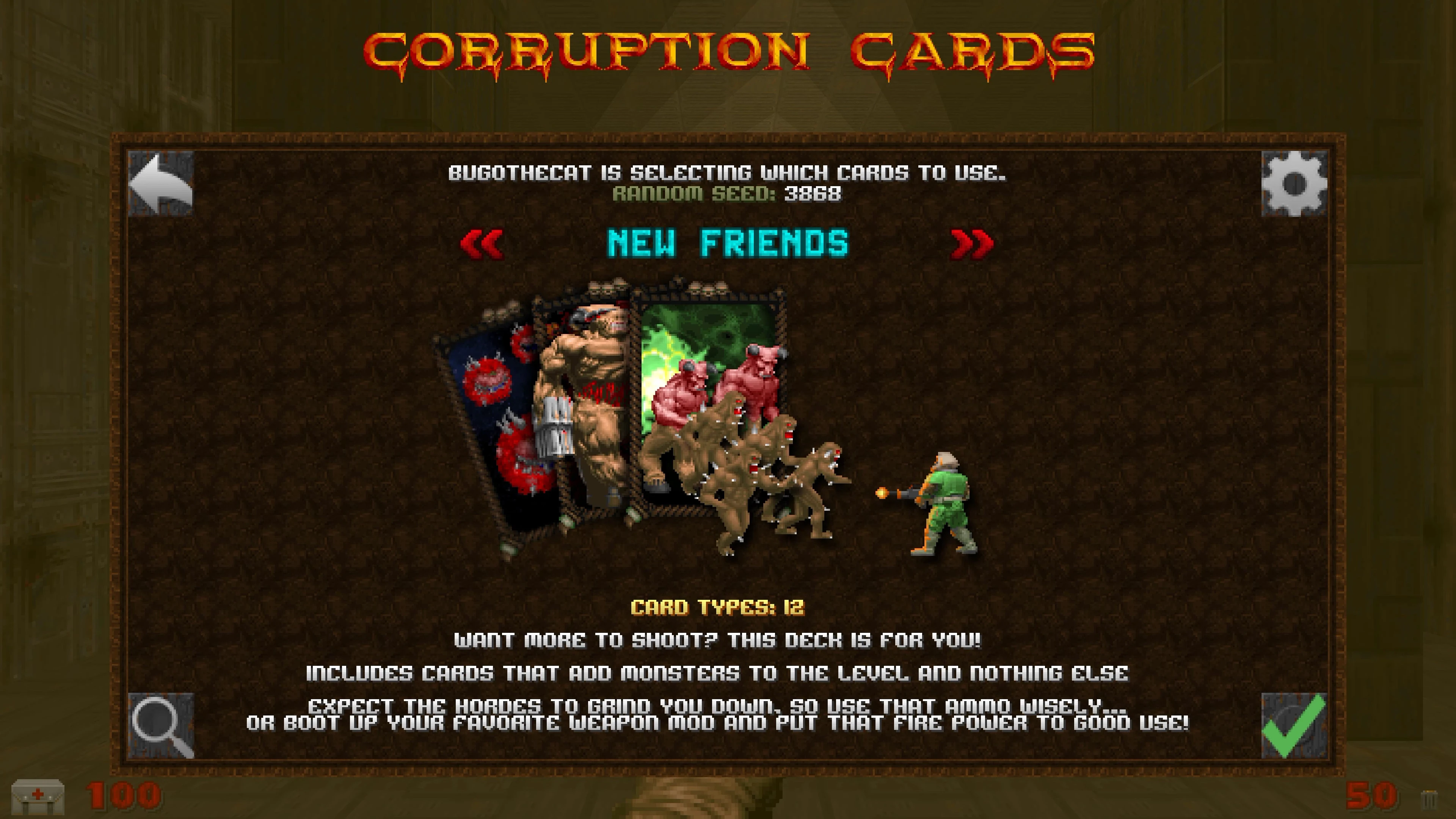 Ekran moda Corruption Cards do Doom II pokazujący wybór kart przywołujących potwory